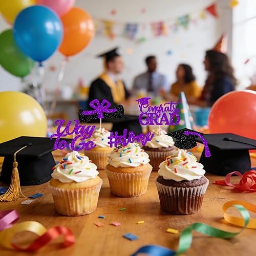 Miniatura 7 de Decoraciones de graduación 2025 morado, adornos para cupcakes de graduación 2025 morado y negro, suministros de decoración para cupcakes clase de