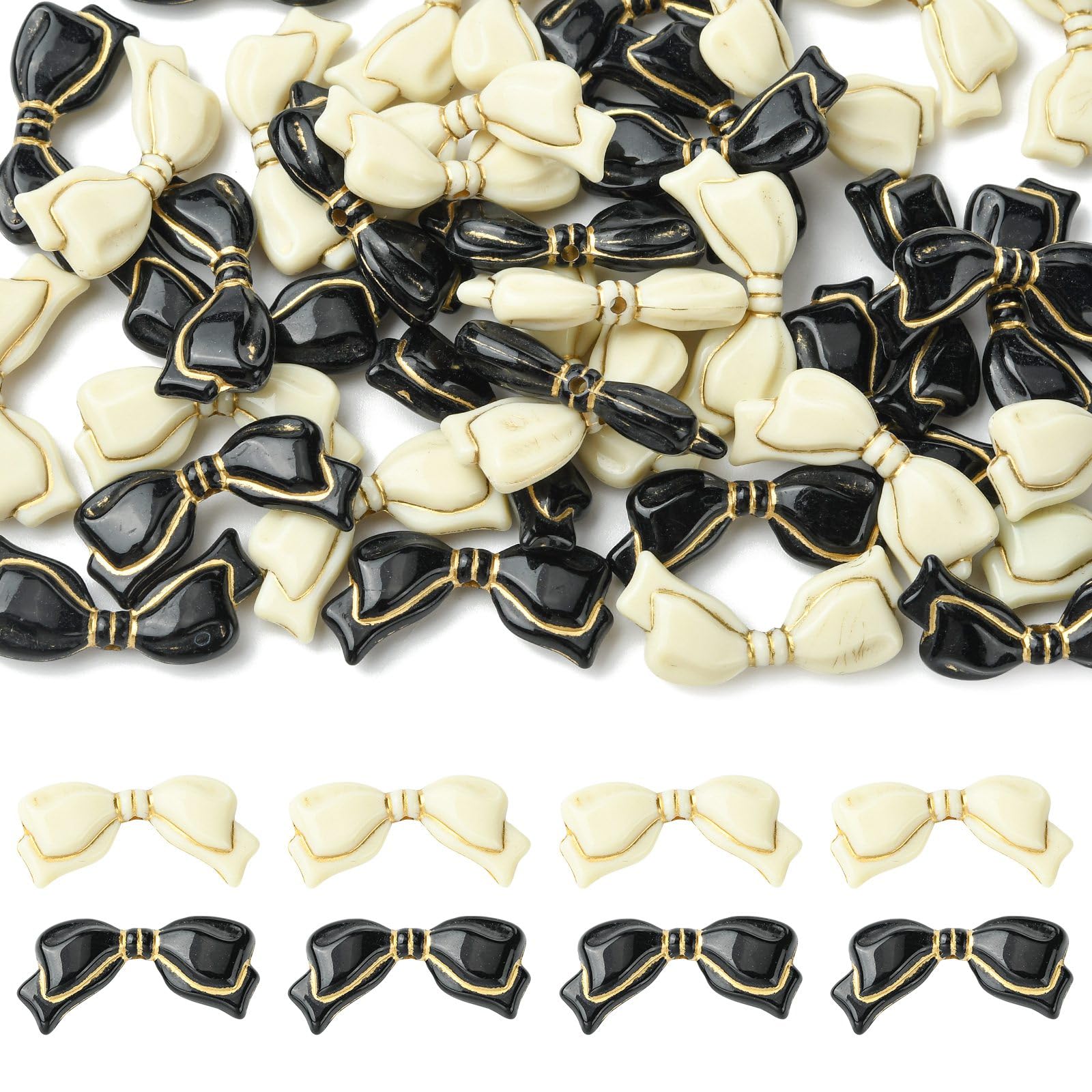 Stiesy Black & White Bowknot Beads 40Pcs, Golden Metal Enlaced Acrylic DIY Craft Beads for Luxury Style Necklace Bracelet Earring Jewelry Making Keychain Supplies