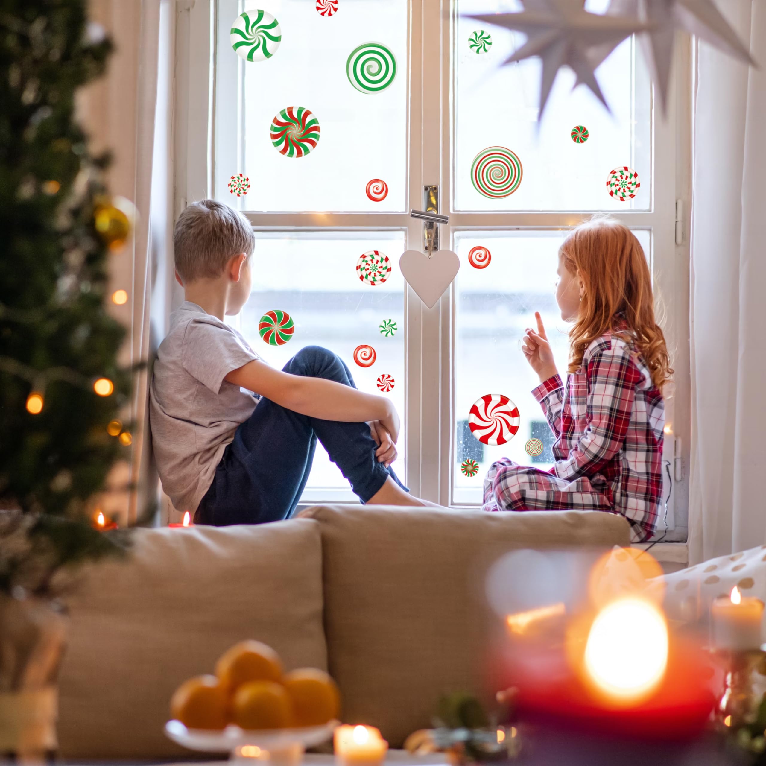 81 PCS Christmas Candy Window Clings, Christmas Peppermint Candy Windows Decals Stickers for Kids, Removable Winter Window Sticker for Glass Xmas Holiday School Party Decorations