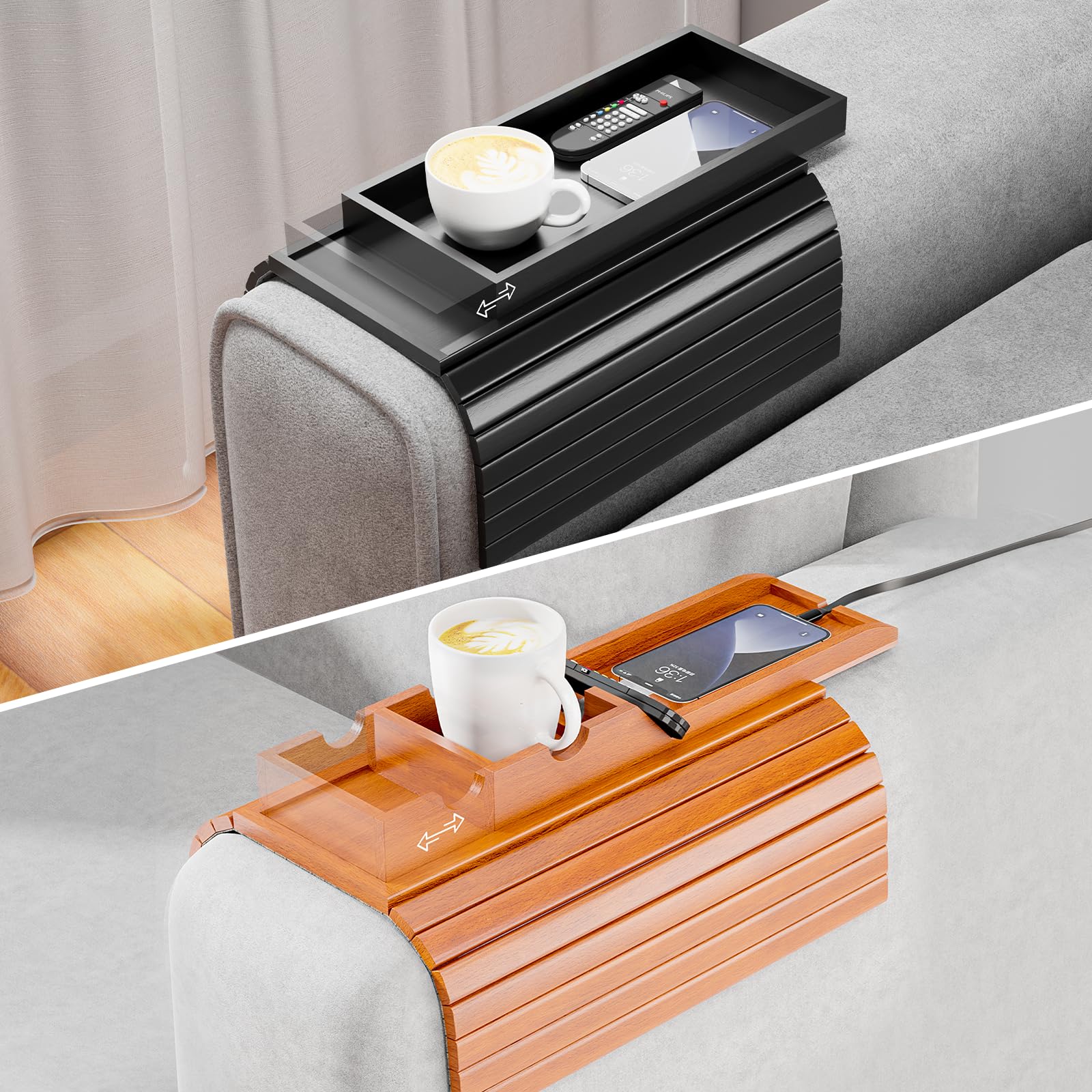 Bestjing2-in-1 Couch Arm Tray with Be Slide Detachable Tray/Cup Holder Tray - Anti-Slip Foldable Armchair Table Tray for Drinks Cup Cellphone Remote Snacks
