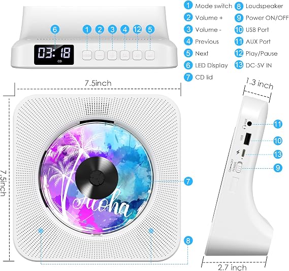 Gueray Portable CD Player with Bluetooth, Desktop CD Music Players for Home Built-in Double HiFi Sound Speakers, Support AUX&USB FM Radio Cool Men's Christmas Birthday Gifts,Gifts for Music Lovers