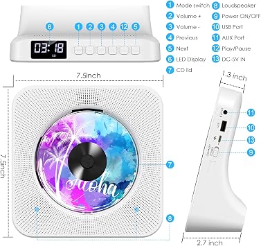 Gueray Portable CD Player with Bluetooth, Desktop CD Music Players for Home Built-in Double HiFi Sound Speakers, Support AUX&USB FM Radio Cool Men's Christmas Birthday Gifts,Gifts for Music Lovers