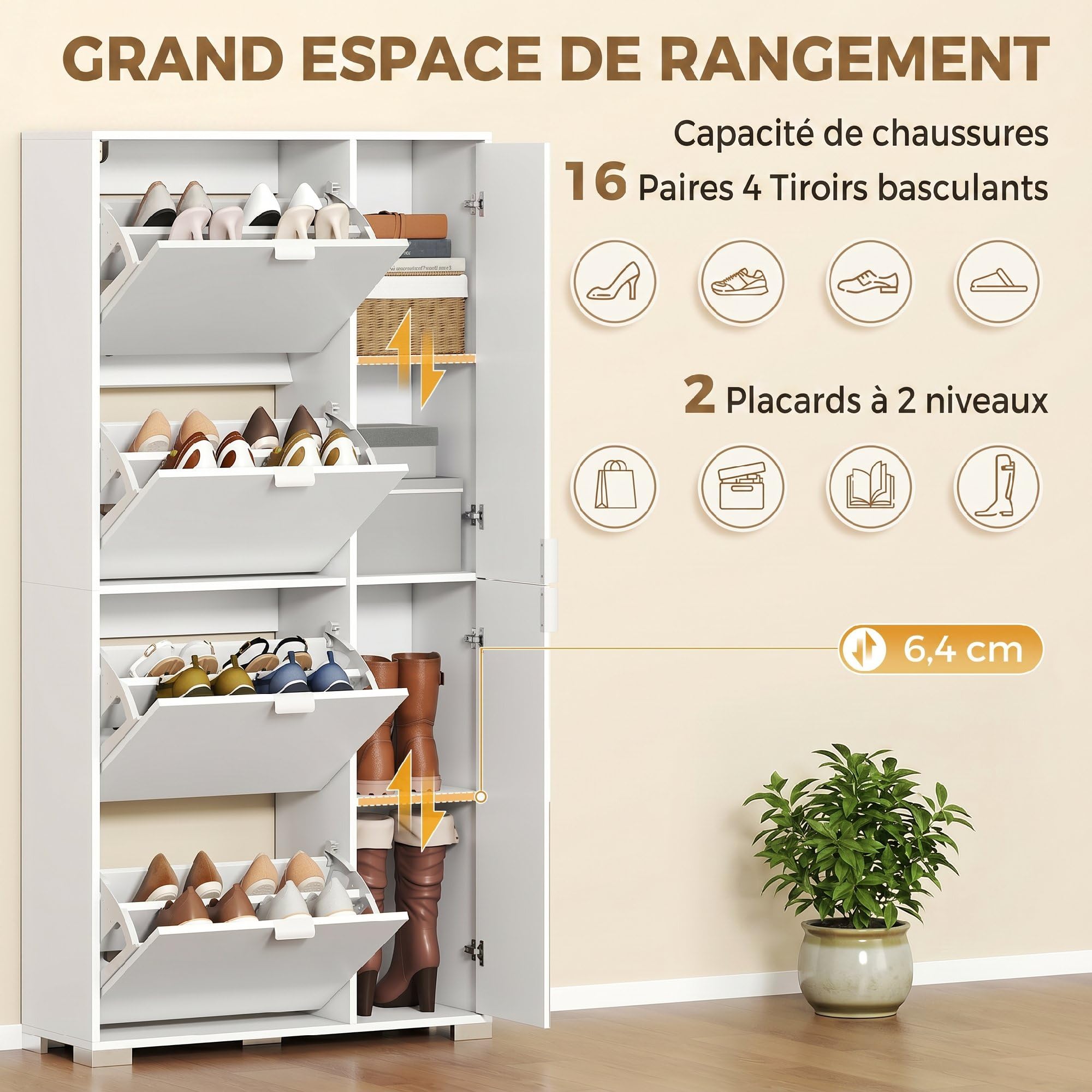 HOMCOM Zapatero Estrecho 16 Pares 82x30x168 cm Blanco