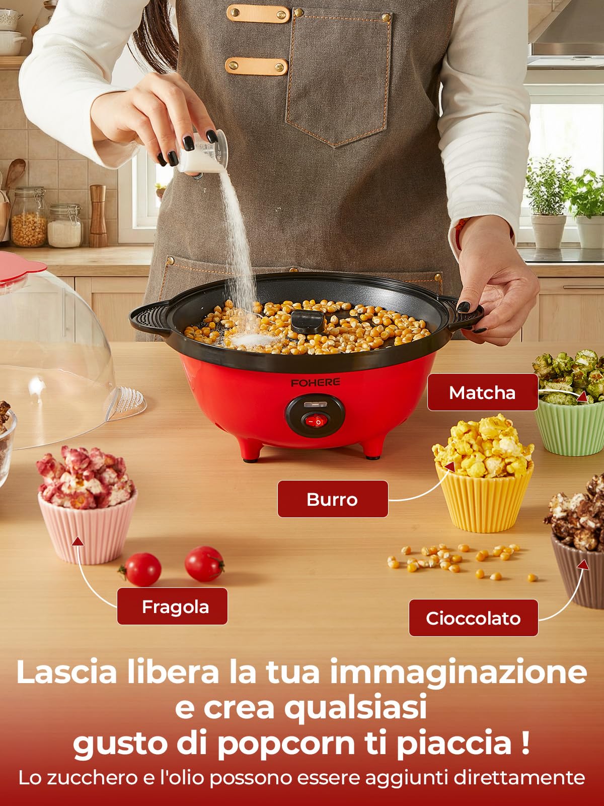 FOHERE 4,5L Macchina Popcorn, 700W Macchina per Pop Corn Include 2 Misurini per Chicchi di Mais, Zucchero e Olio, Agitazione Automatica Pop Corn Macchina per le Vacanze e le Serate al Cinema