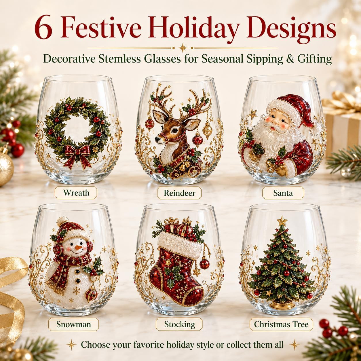 Generisch 3D Weihnachts-Trinkglas Stemless mit Weihnachtsmotiven, 6Pcs