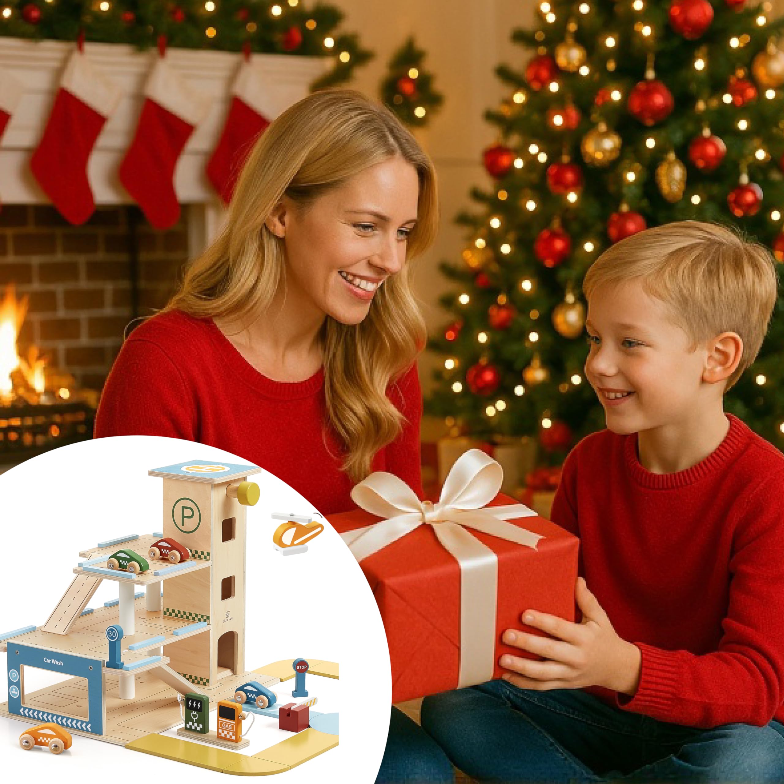 Little Log Garage di Parcheggio in Legno con Accessori per Lavaggio Auto Garage da Gioco con Ascensore Elicottero Set di Giocattoli di Garage in Legno 3 Piani con 21 Pezzi per Bambini e Bambine dai 3