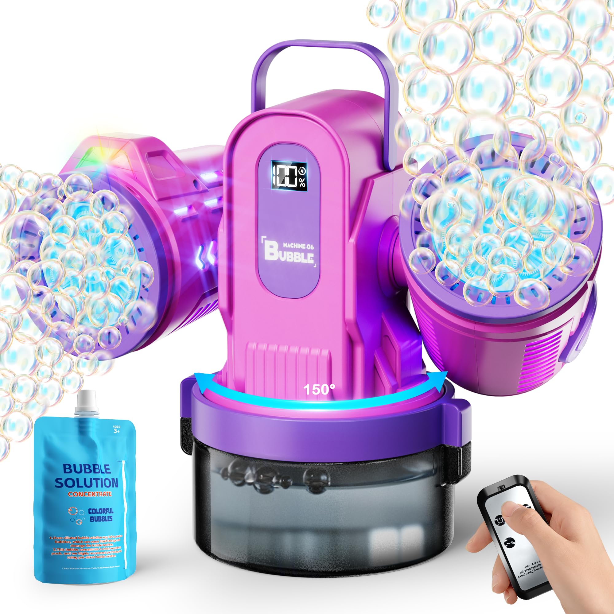 Belemar Bubble Machine with RGB Lights & Remote Control, 150° Rotation, Smart Battery Display, Type-C Rechargeable, 700mL Tank, Dual-Engine Bubble Maker for Kids, Parties, Weddings, Outdoor Events