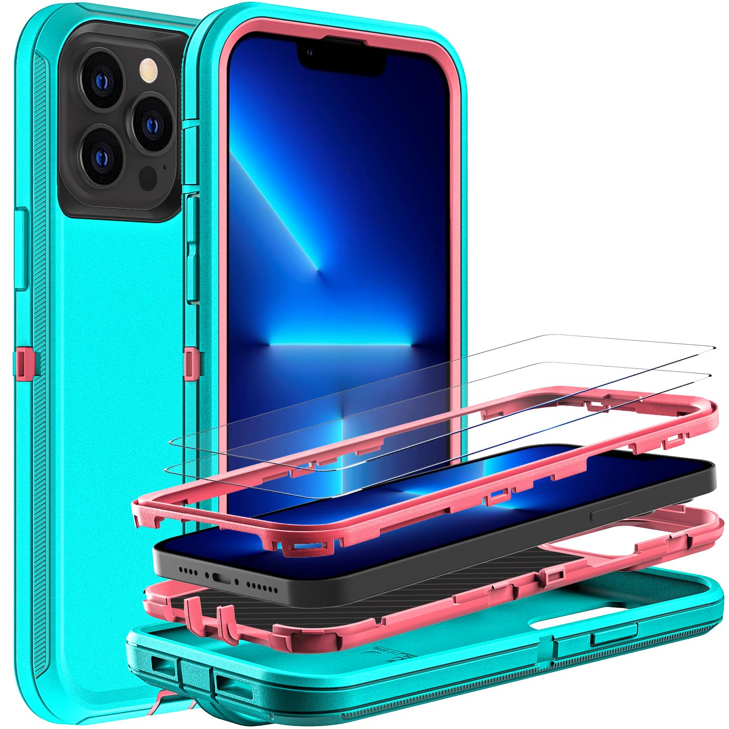 YKHJKLEC for iPhone 13 Pro Case, Military Grade 3 in 1 Heavy Duty Shockproof/Drop Proof/Dust Proof Case with 2Pcs Tempered Glass Screen Protector (