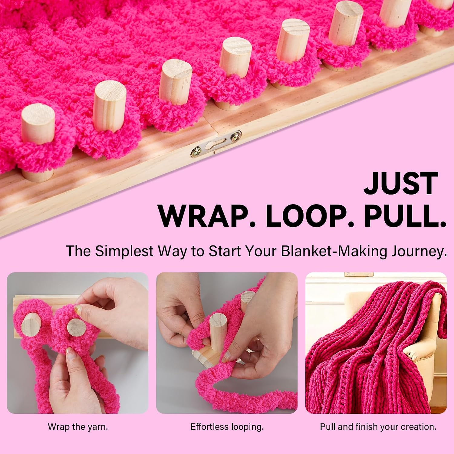48" Chunky Knitting Blanket Loom for Beginners, Adjustable Size Wood Chunky Yarn Loom, Detachable, No Needles Required DIY Hand Knitting Loom Kit for Custom Chunky Yarn Blankets, Scarves, Home Decor