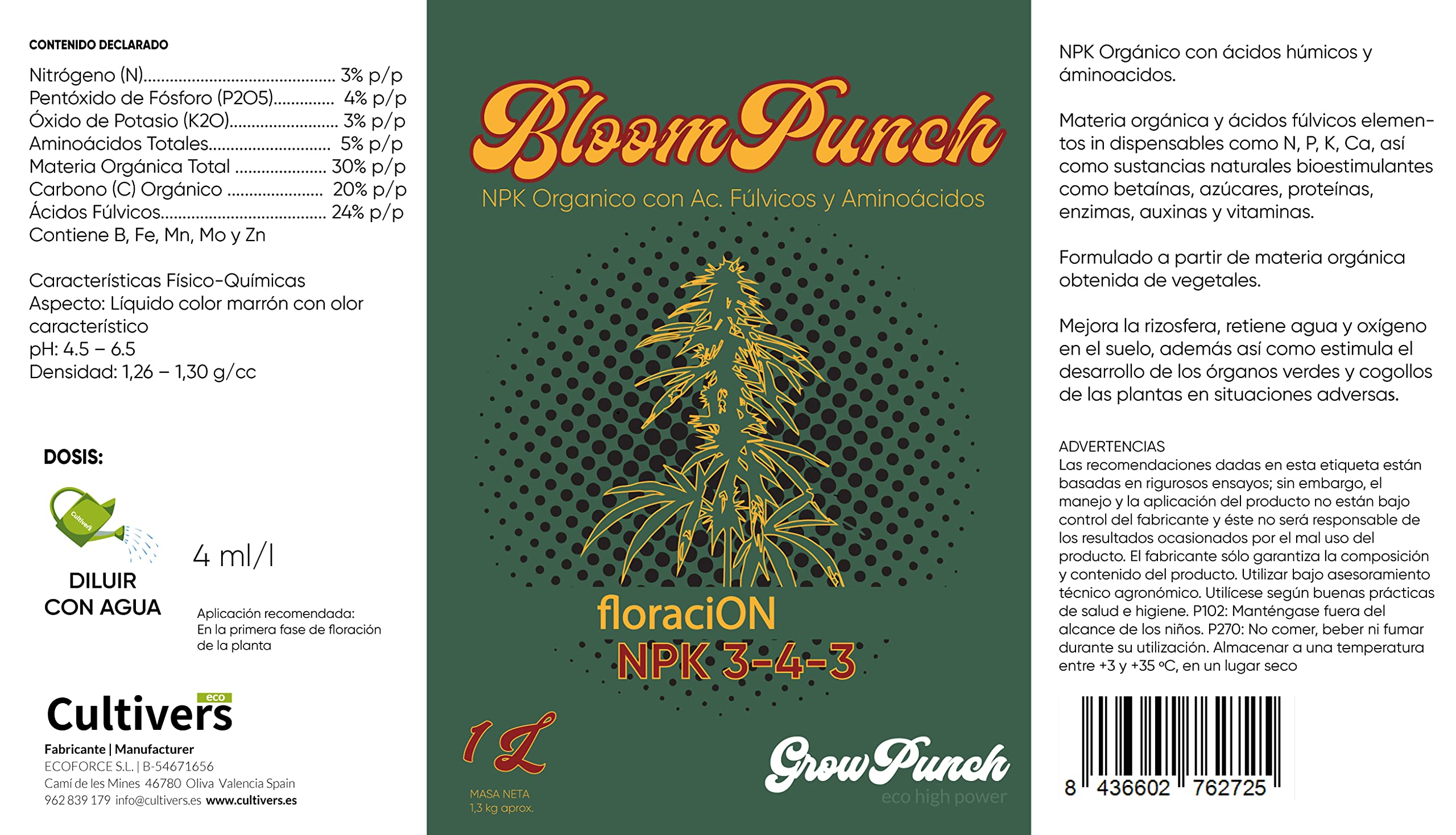 CULTIVERS BloomPunch Abono Floración Orgánico 5 L. NPK 3-4-3 con ácidos húmicos y áminoacidos. Fertilizante Vegano