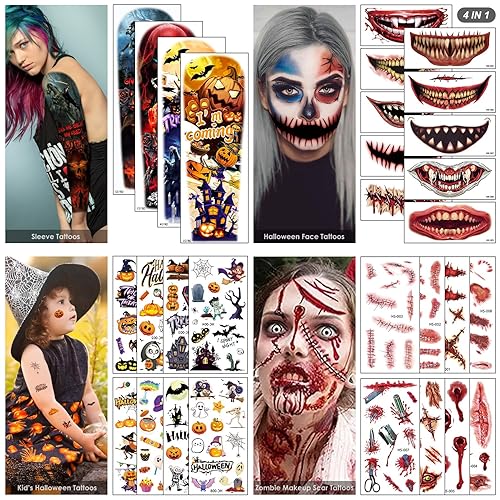 Miniatura 2 de Más de 170 piezas de 30 hojas de tatuajes de Halloween, maquillaje de zombi, calabaza, bruja, calavera de azúcar, tatuajes de Halloween para niños,