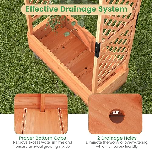 Miniatura 6 de Giantex Cama de jardín elevada con enrejado de 2 lados y techo colgante, maceta de madera de abeto con agujeros de drenaje, huecos inferiores,