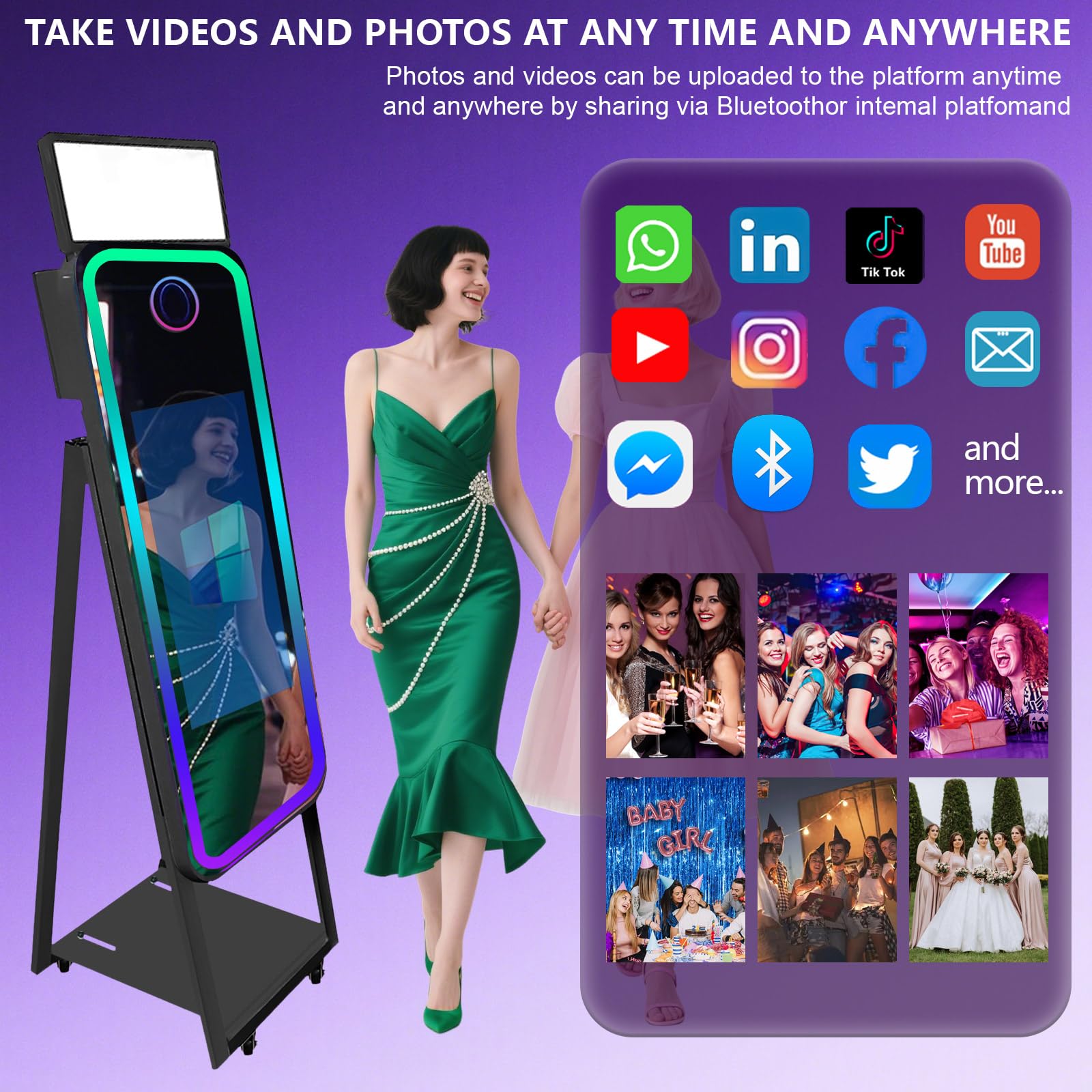 Cabina fotografica a specchio magico da 101,2 cm, con luce di riempimento e touch screen, mini PC integrato, luce RGB e condivisione, per eventi, feste, matrimoni, noleggio (nero, macchina+fotocamera)