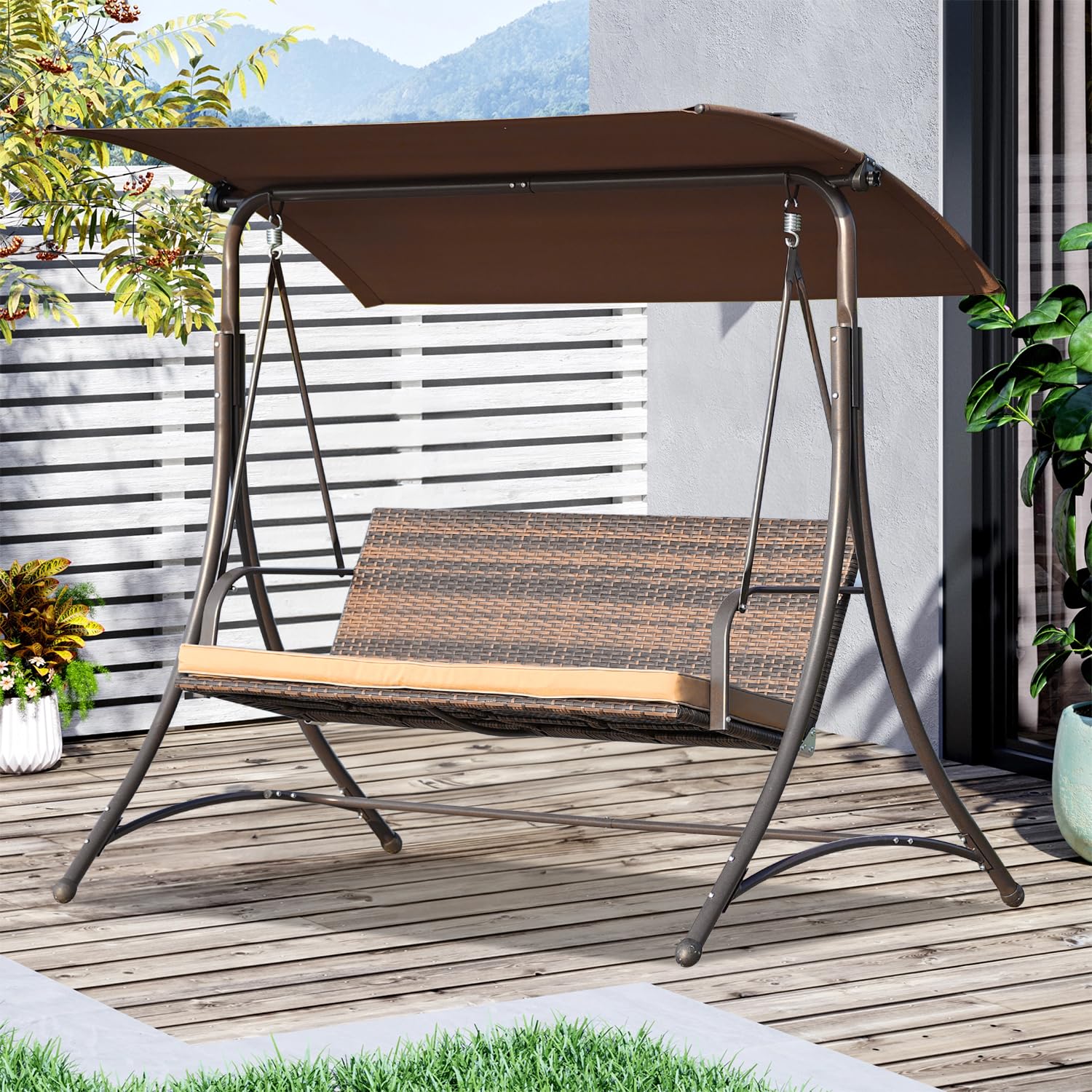 Angel Living Hollywoodschaukel Gartenschaukel Rattan 3-Sitzer mit Sonnendach und Sitzbezug170 x 110 x 157 cm (Braun)