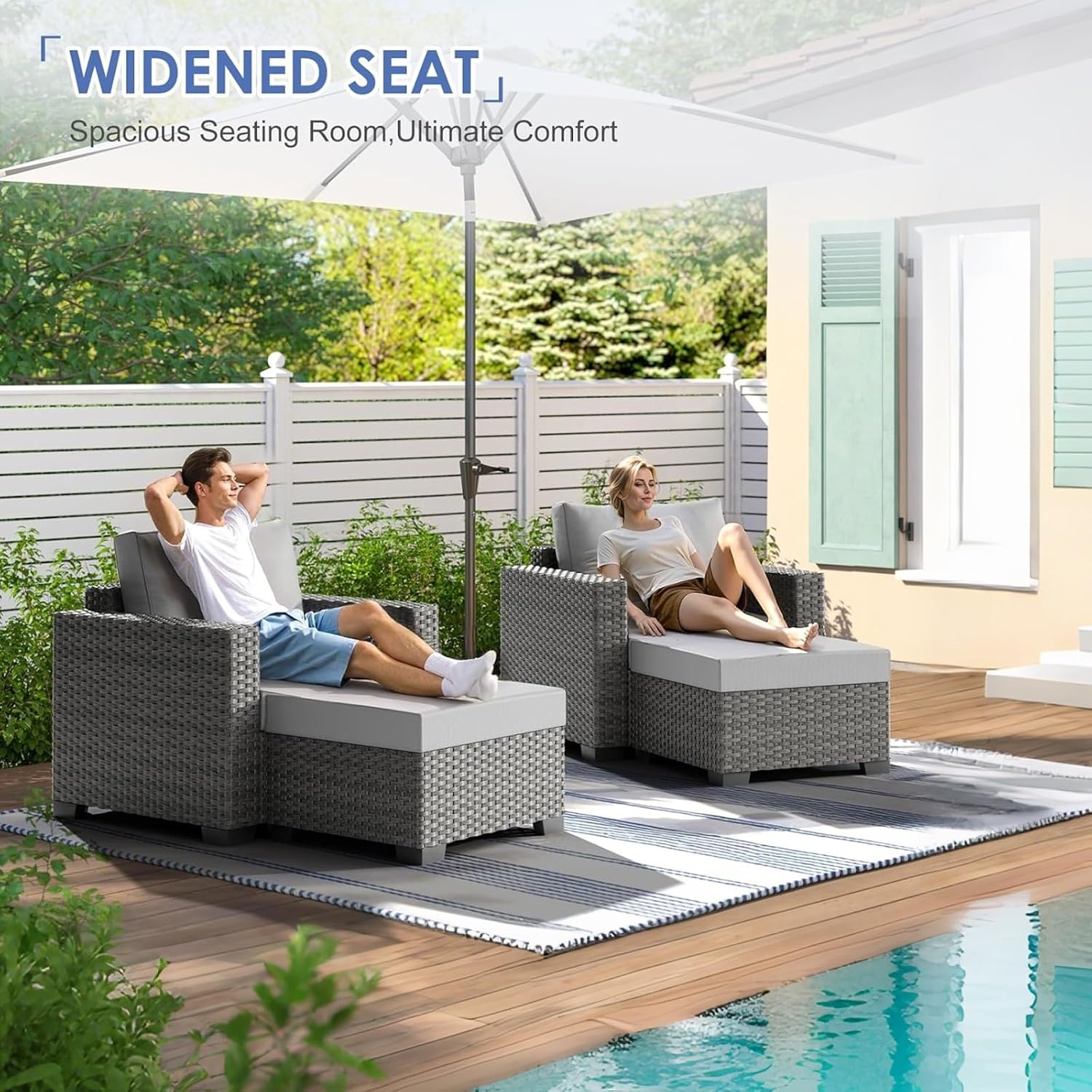 ABCASA Patio Chairs Set of 2 with Ottoman, Rattan Outdoor Chairs with Ottoman Sets of 2, Balcony Patio Furniture,Outdoor Furniture Small Patio, 4.72'' Thick Cushions, Grey