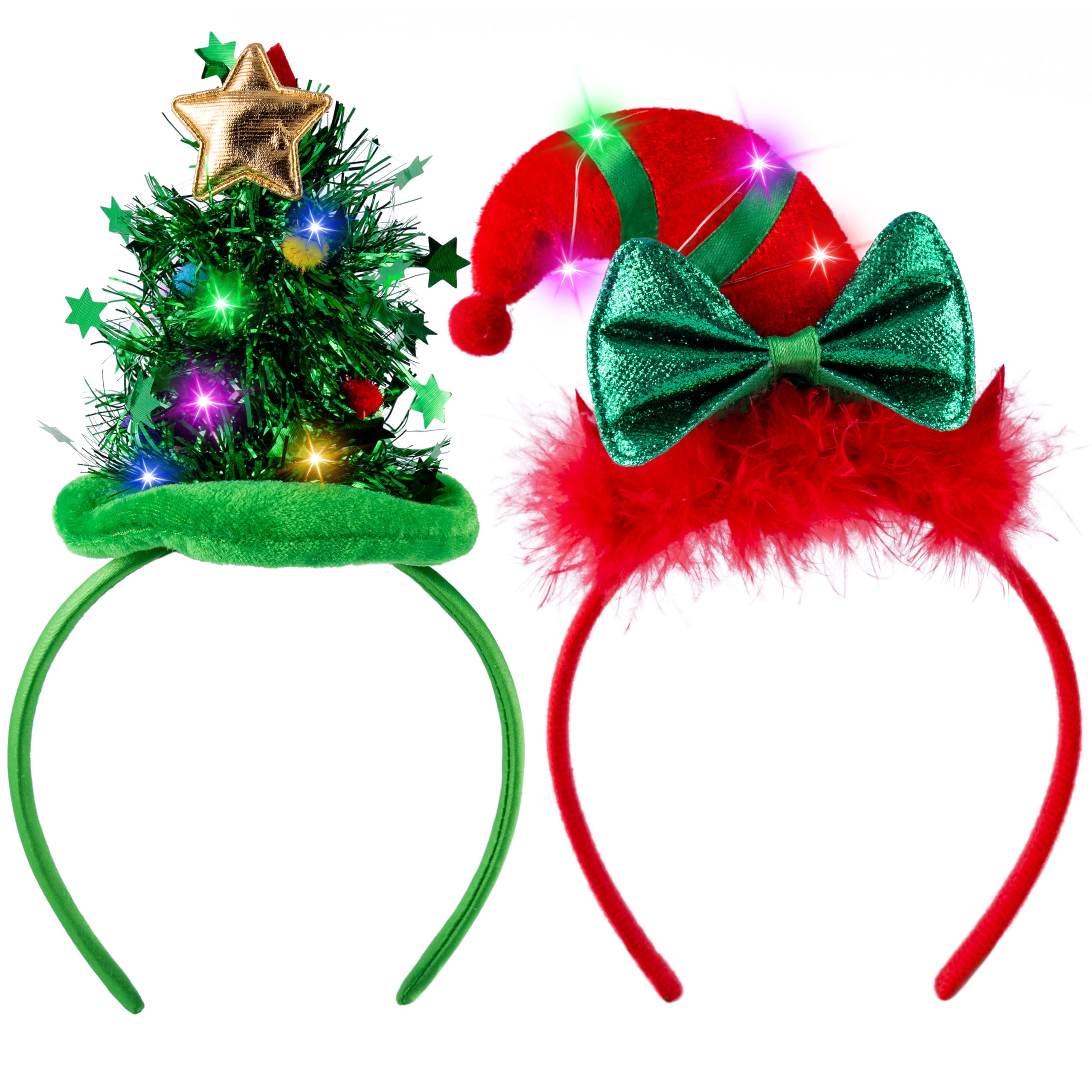 JOYIN 2 PCS Christmas LED Headband, Tree and Elf Hat Designs Headband with LED Lights for Christmas Party Decoration