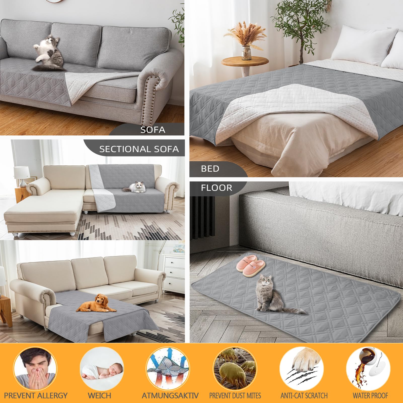 Manta Impermeable Perro, Funda De Sofá Grande Antideslizante, Protectores De Colchón para Incontinencia, para Coche, Mascotas, Perros Y Gatos (96x82in,Light Grey)