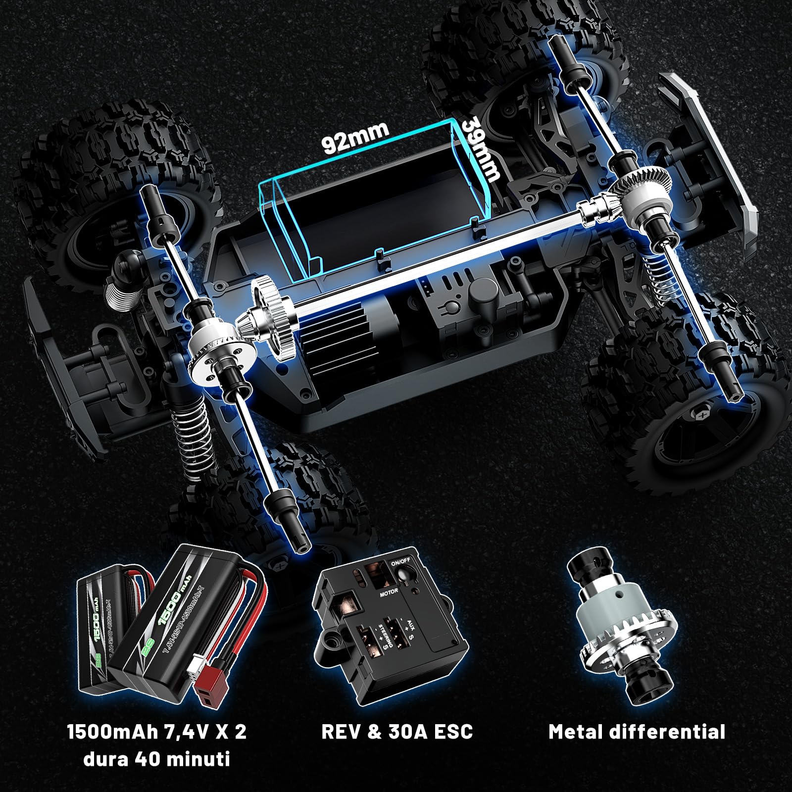 Macchina Telecomandata professionale RC Professionale 4x4 Off-Road 1/18, 36 km/h Monster Truck con Motore RC380,Ammortizzatori ad Olio,Doppia Carrozzeria e 2 Batterie 7.4V 1500mAh
