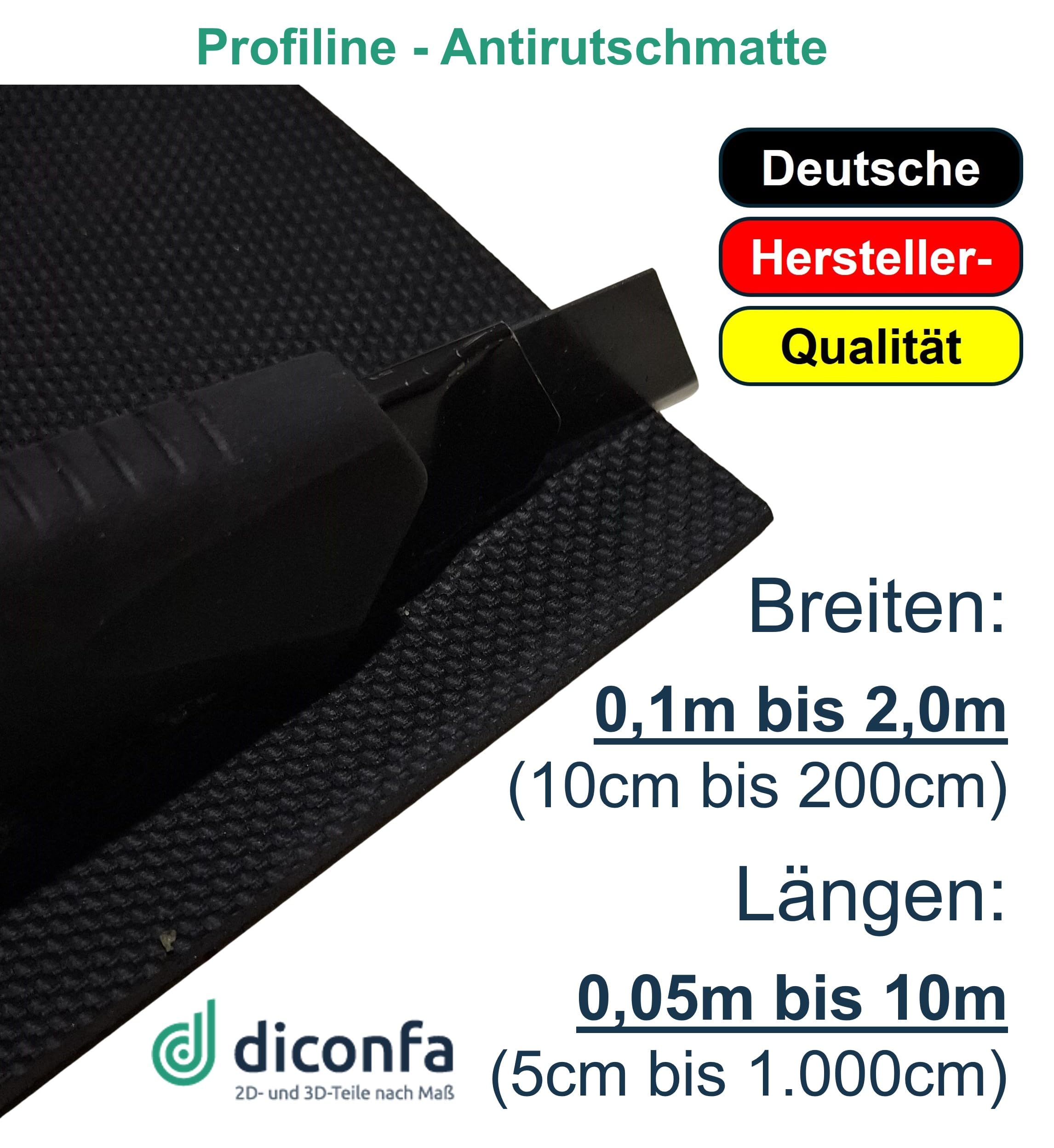 diconfa PROFILINE Antirutschmatte Gummi 3mm stark - Auswahl 0,3m x 10m (30 x 1000cm) - 0,1m bis 2m BREIT- 0,05m bis 10m LANG - Gummimatte sehr rutschfest Außenbereich UV-stabil Meterware