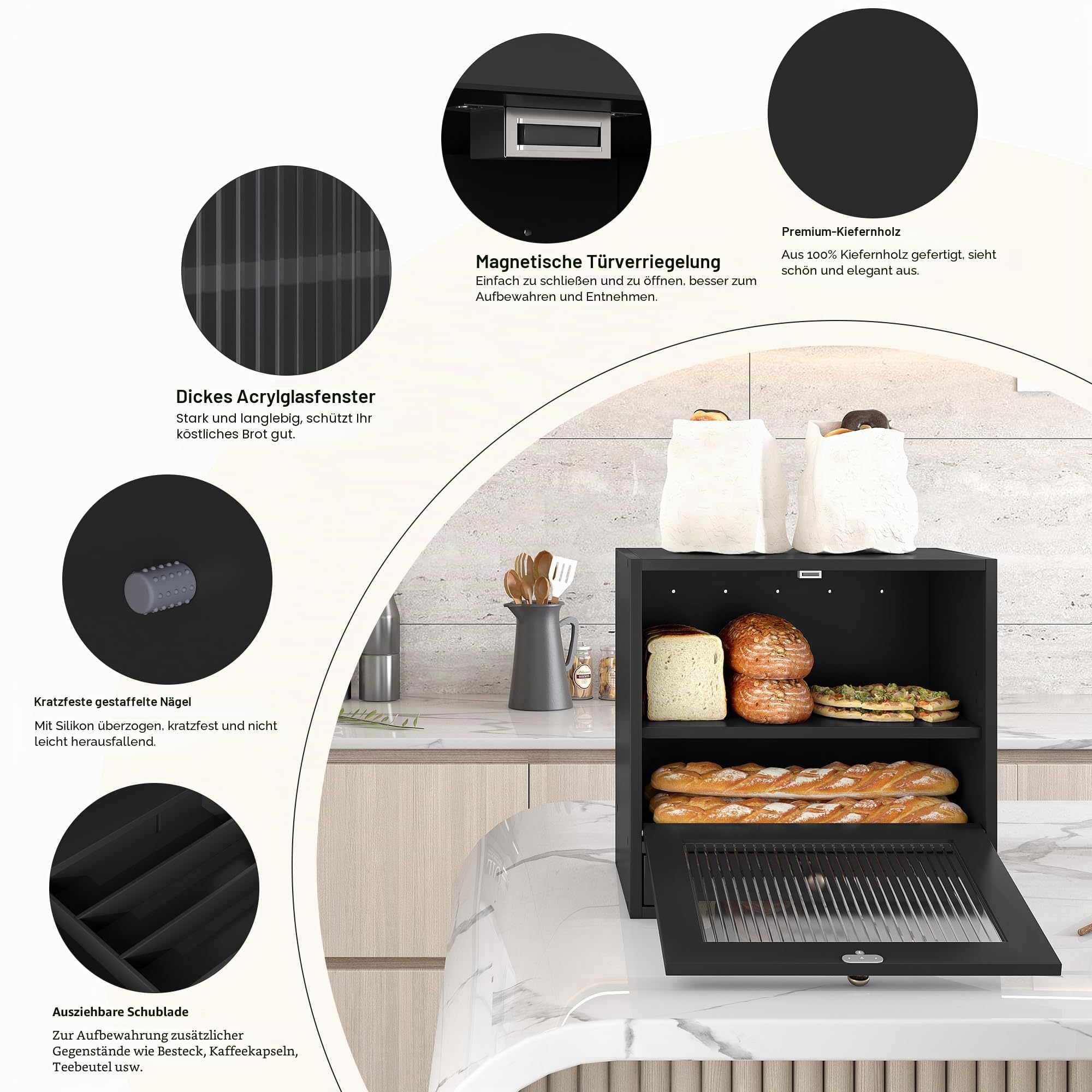 Alpeir Brotkasten Holz Groß 2 Etagen Brotbox mit Magnetisch Acryl Sichtfenster und Schublade, Ecke Arbeitsplatte Küche Aufbewahrung Behälter für Snack Knäckebrot Obst, Schwarz