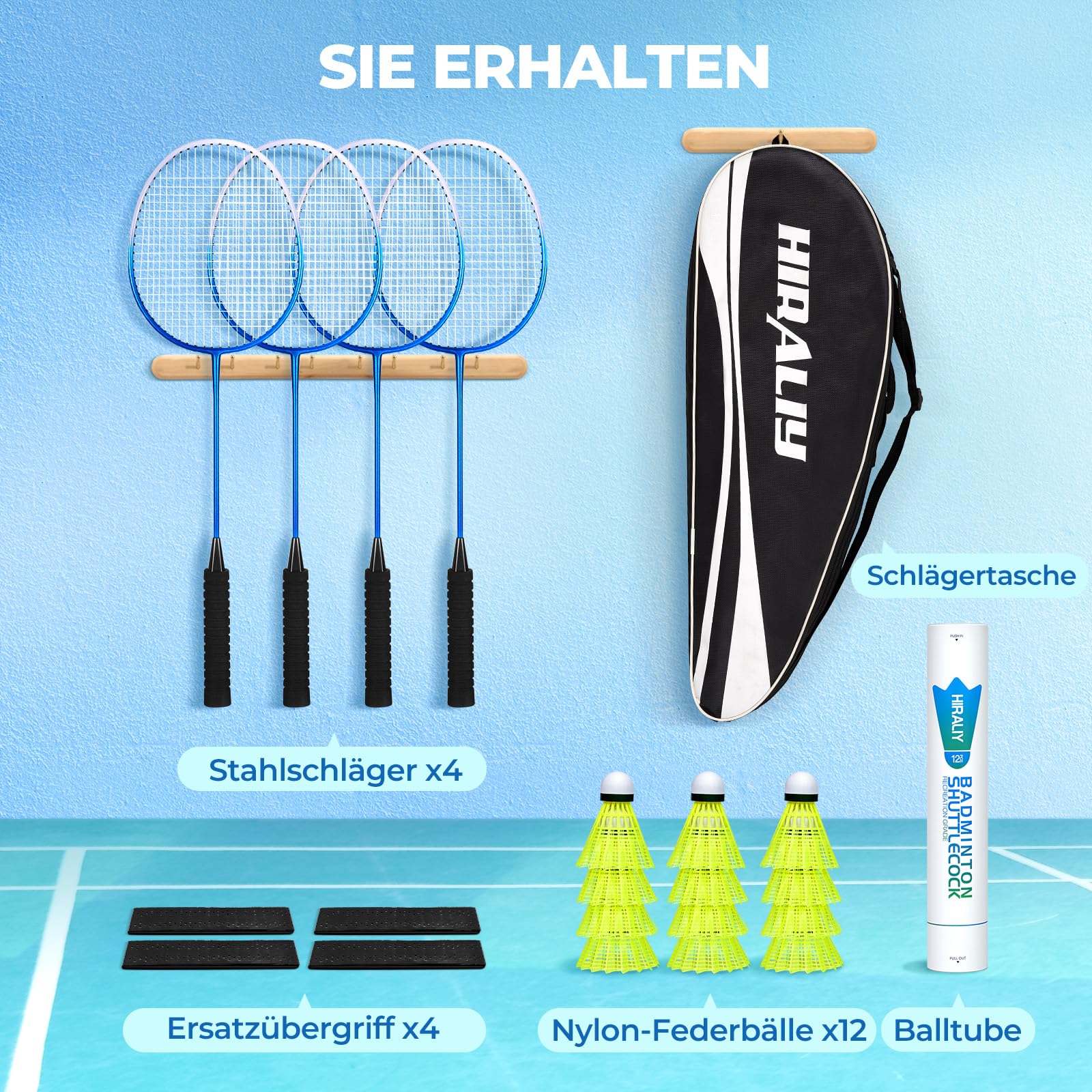 HIRALIY Badminton Schläger für Spiele im Freien, leichtes Federball 4er-Set für Kinder & Erwachsene & Anfänger, inklusive 4 Schläger, 12 Nylon-Federbälle, 4 Ersatz-Griffbänder, 1 Tragetasche