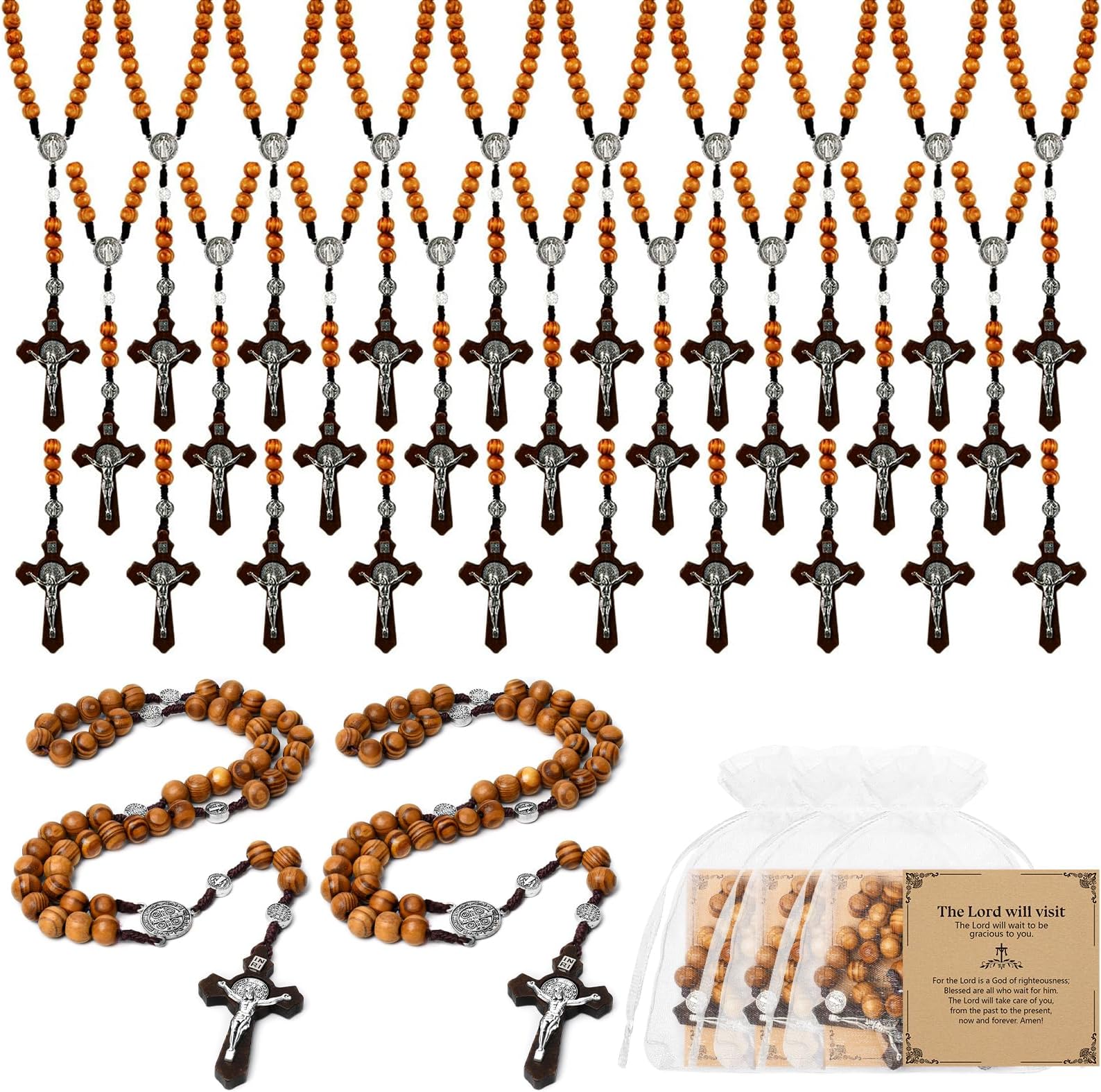 Wooden Rosary Necklace, Handmade Rosary Beads Necklace, Prayer Holy Soil Medal and Metal Cross For Catholic Or Christian Gift, Pouch Baptism Favors Gift