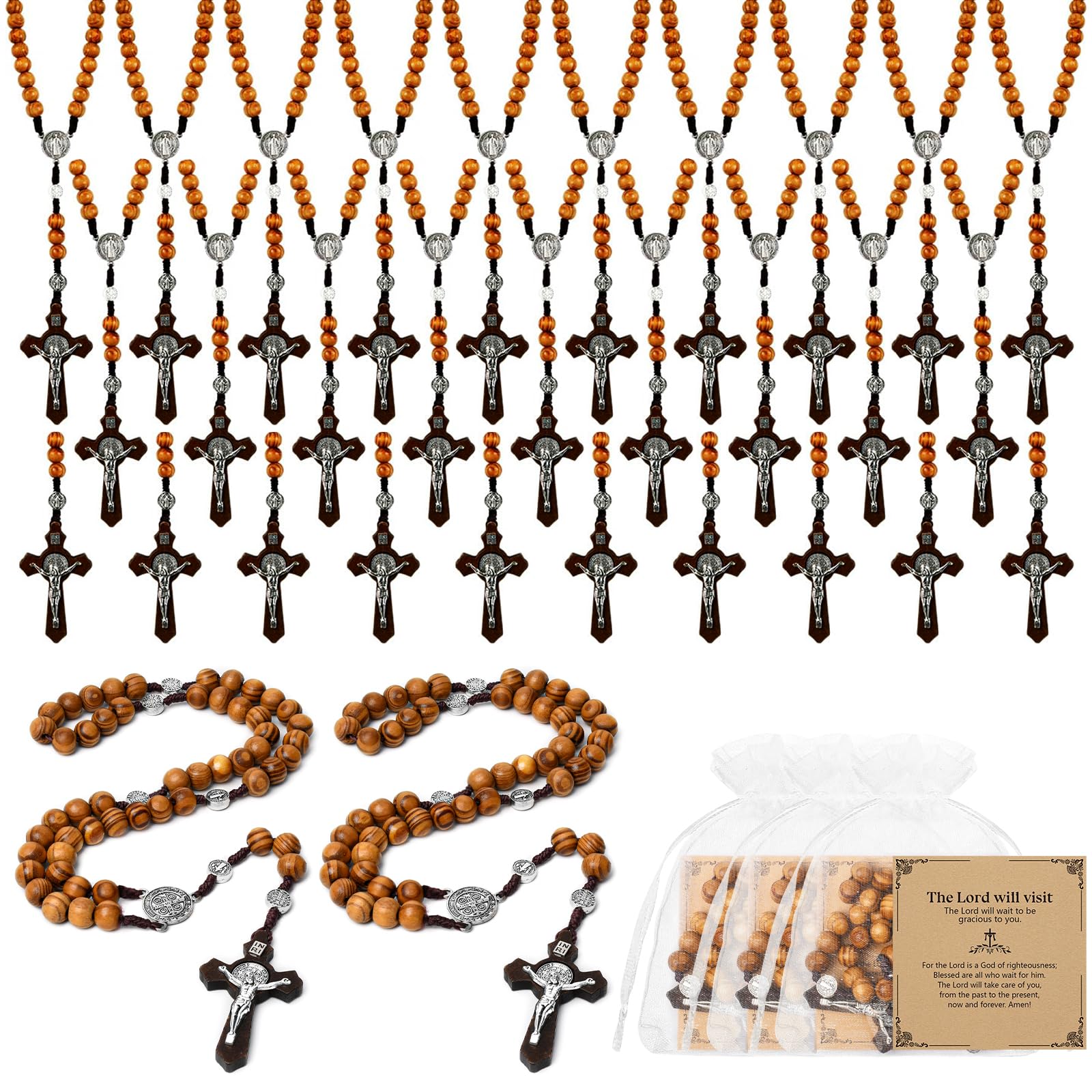 Sponsored Ad - Wooden Rosary Necklace, Handmade Rosary Beads Necklace, Prayer Holy Soil Medal and Metal Cross For Catholic Or Christian Gift, Pouch Baptism Favors Gift
