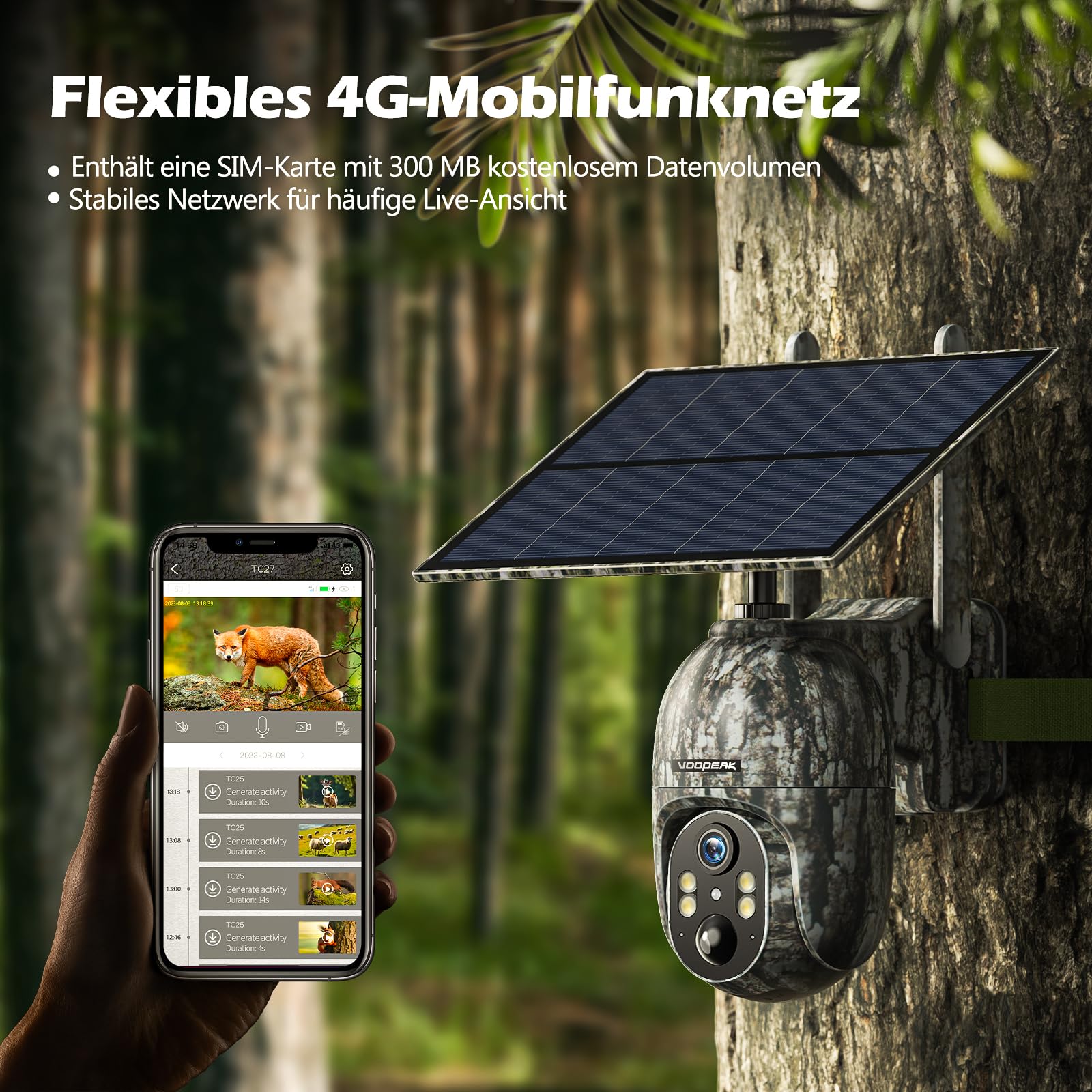 VOOPEAK 4G LTE Wildkamera mit SIM Karte, 1080P Live Wildkamera mit Handyübertragung App, Wildtierkamera mit Nachtsicht Bewegungsmelder mit 32G Speicherkarte für Outdoor Jagd & Naturbeobachtung