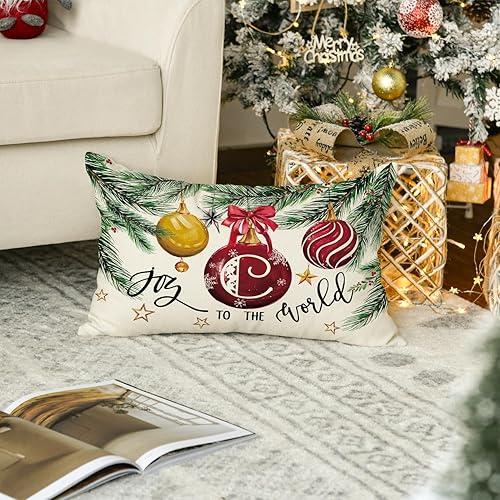 Miniatura 5 de AVOIN colorlife Funda de almohada con monograma de Navidad, letra C, 12 x 20 pulgadas, diseño de letras de apellido Joy to The World, decoración con