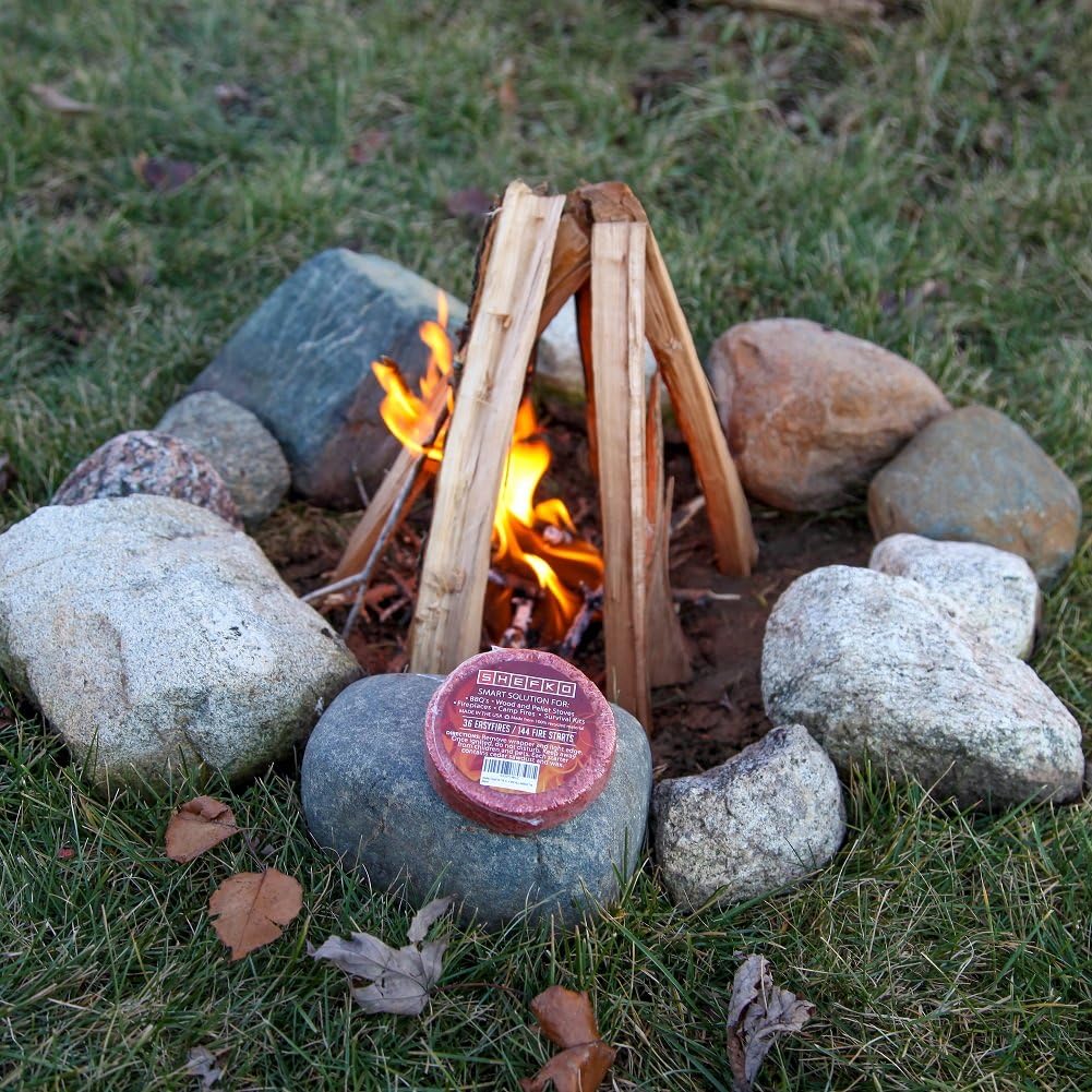 EasyFire Fire Starters with 30-min. Burn-time Guarantee – Natural Cedar Scent, Clean, All-Weather Quick Flame – 36 Pucks / 144 Fire Starts- Camping Essentials And Emergency Kit / Survival Solution