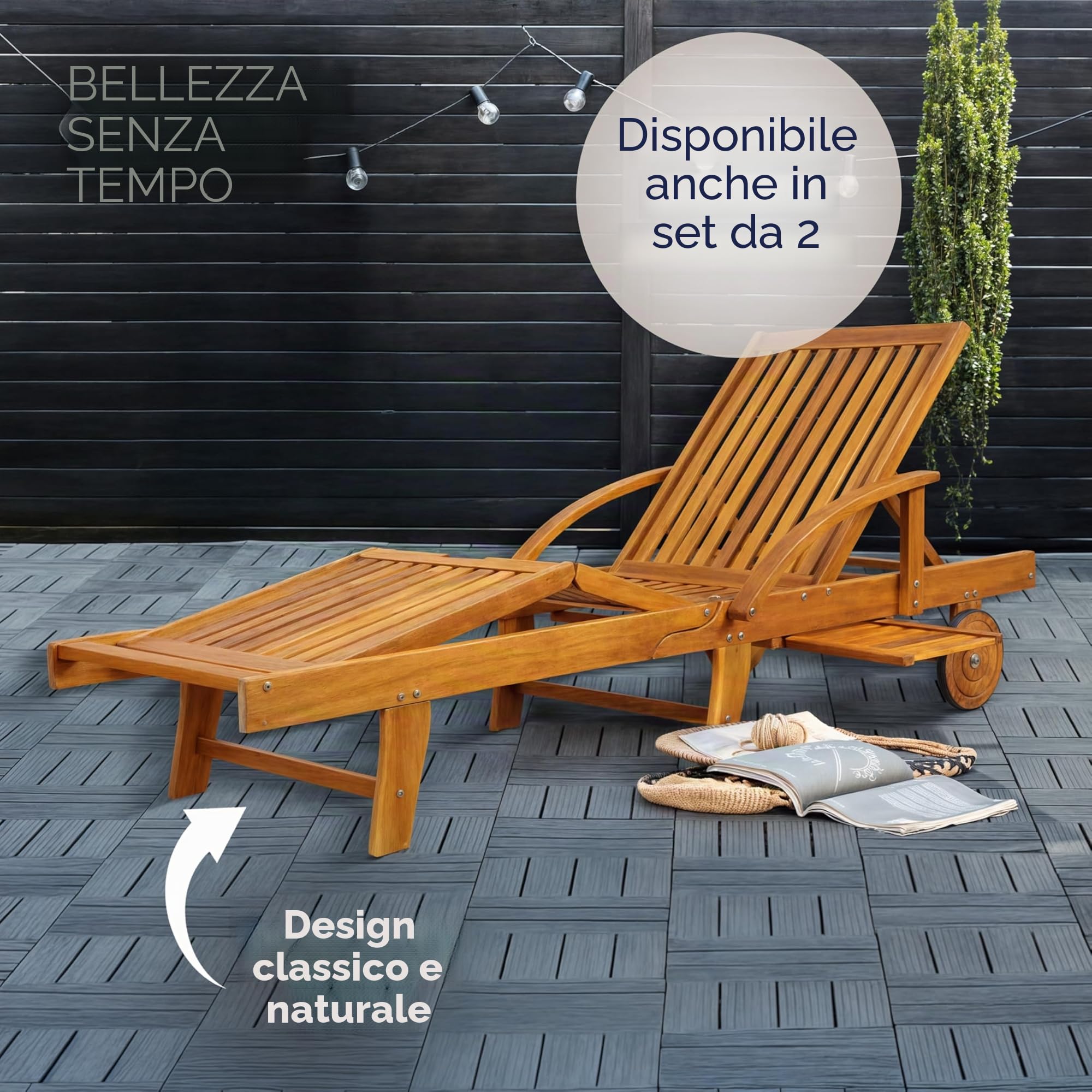 Casaria Sdraio Lettino Prendisole in Legno Acacia 196x69x85 cm | con Tavolino Estraibile, Poggiapiedi, Sedia Lettini, Sdraie da Giardino Terrazza Esterno, Sauna