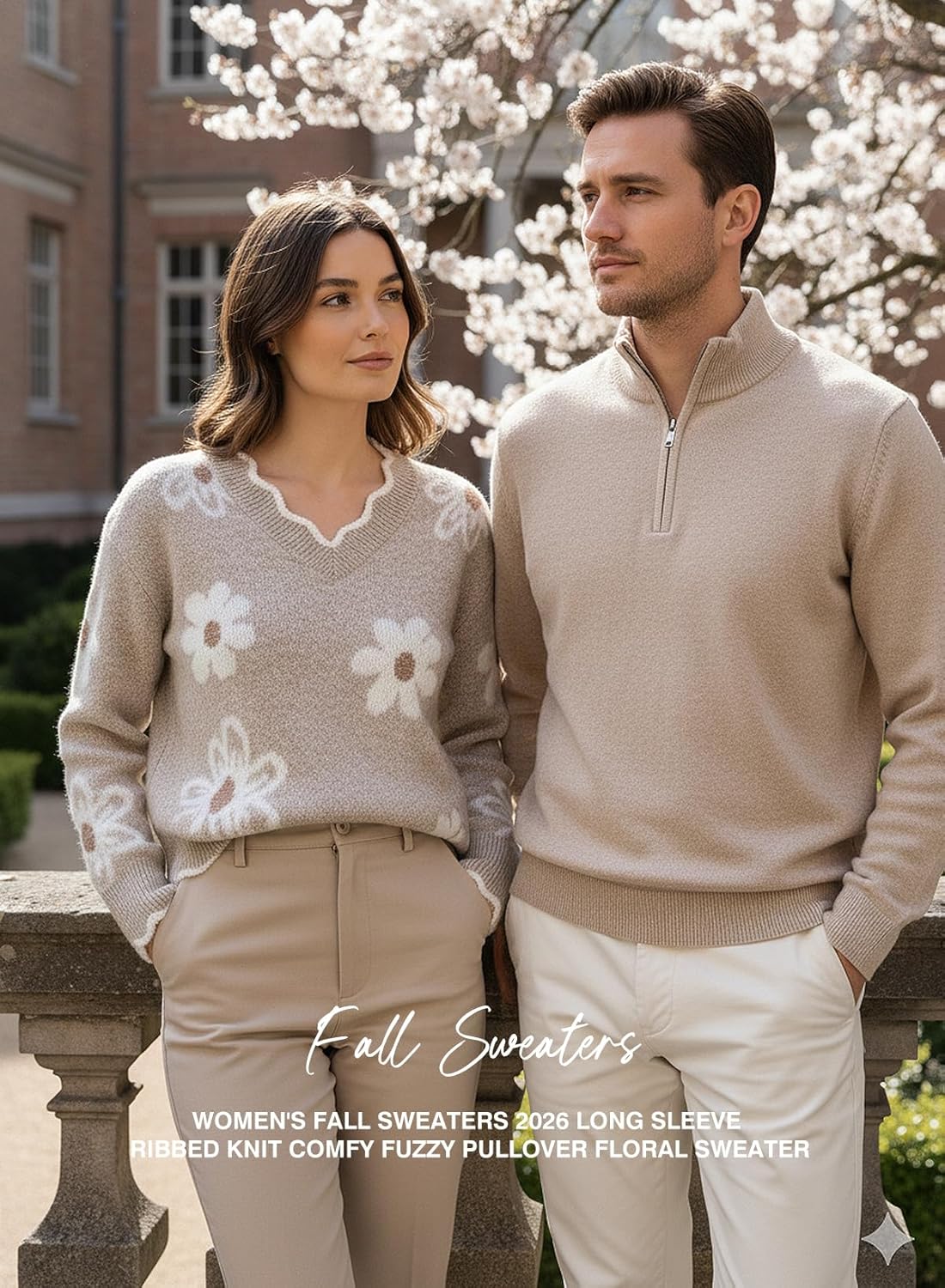 Dokotoo Women's Fall Sweaters 2025 Long Sleeve V Neck Casual Tops Ribbed Knit Comfy Fuzzy Pullover Floral Sweater - Image 4