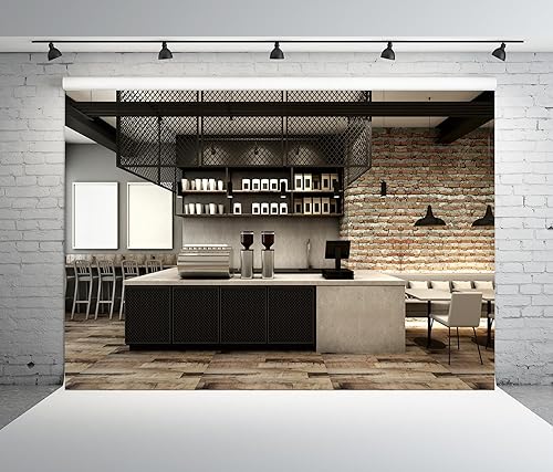 Miniatura 2 de BELECO Telón de fondo de tela de 7 x 5 pies para fotografía, diseño moderno de loft, luces de mostrador interior, decoración de pared de ladrillo,