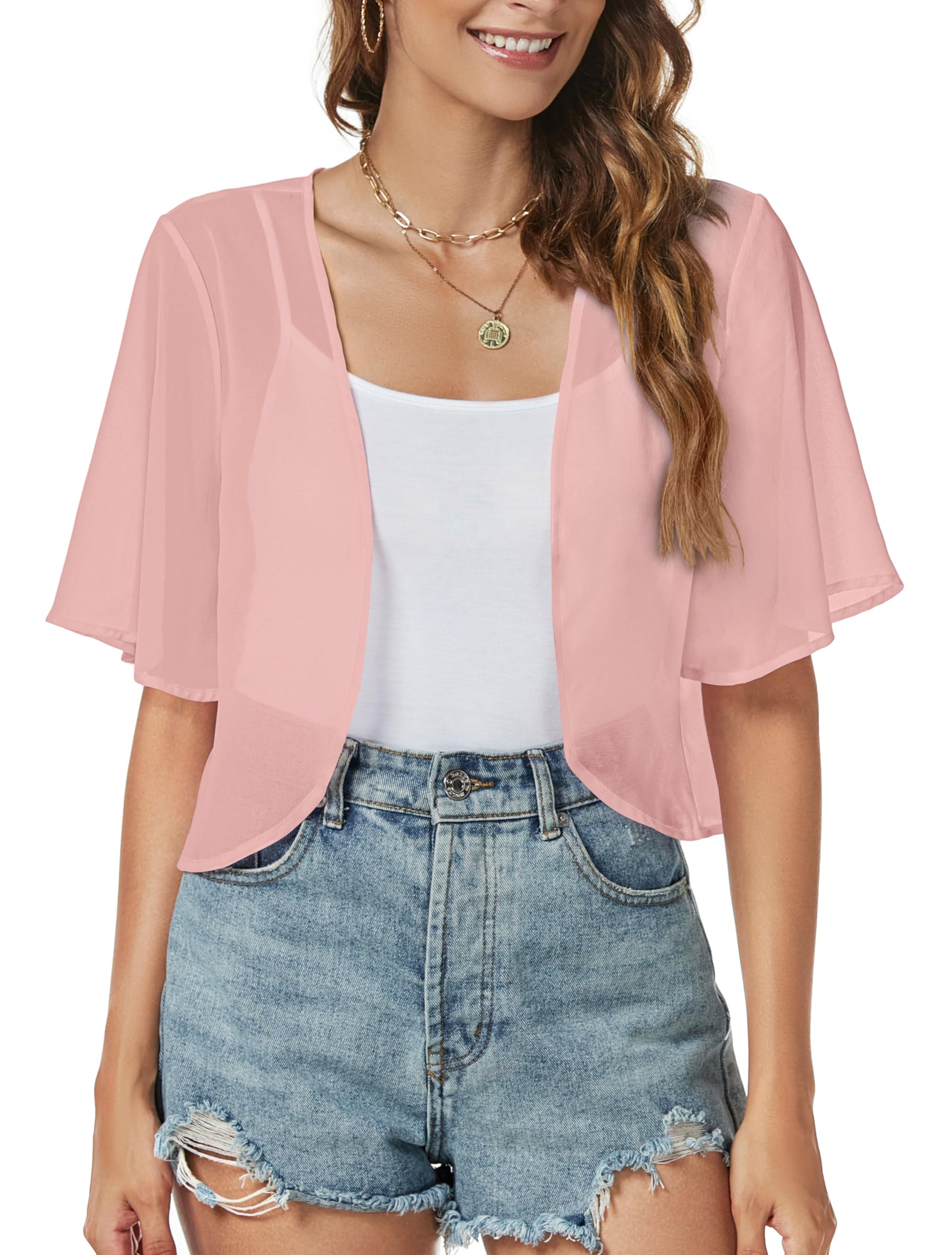 Women Shrug Chiffon Cardigan Open Front Short Sleeve Sheer Bolero for Dress | Lightweight Cropped,Loose Fit,Mesh Cover Up,Shawl Evening Dresses,Summer Outfits