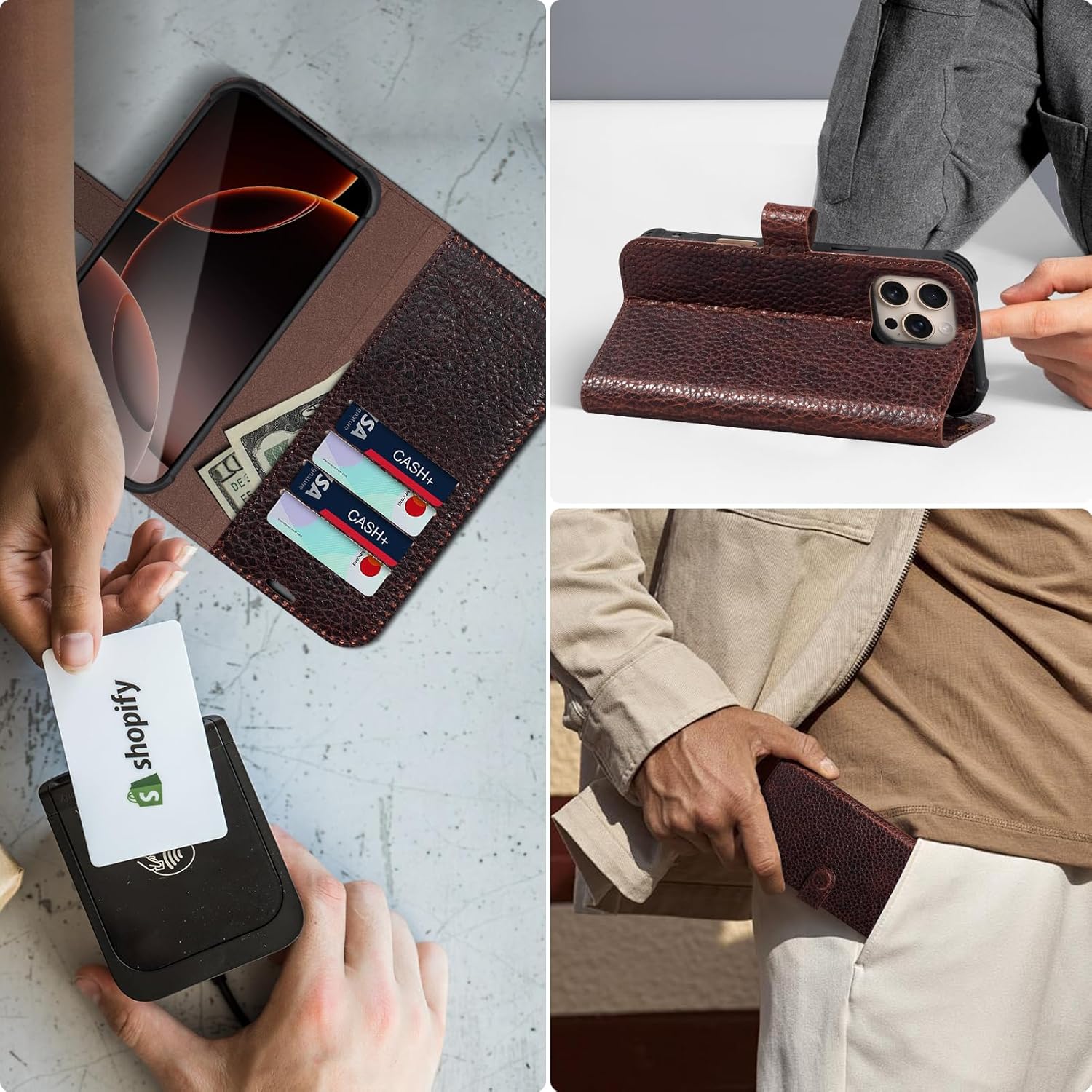 Genuine Leather Magnetic Detachable Wallet Case for iPhone 16 Pro Max | 2-in-1 Flip Folio Cover with Card Slots, RFID Blocking, Shockproof & Wireless Charging, Speckled Dark Brown