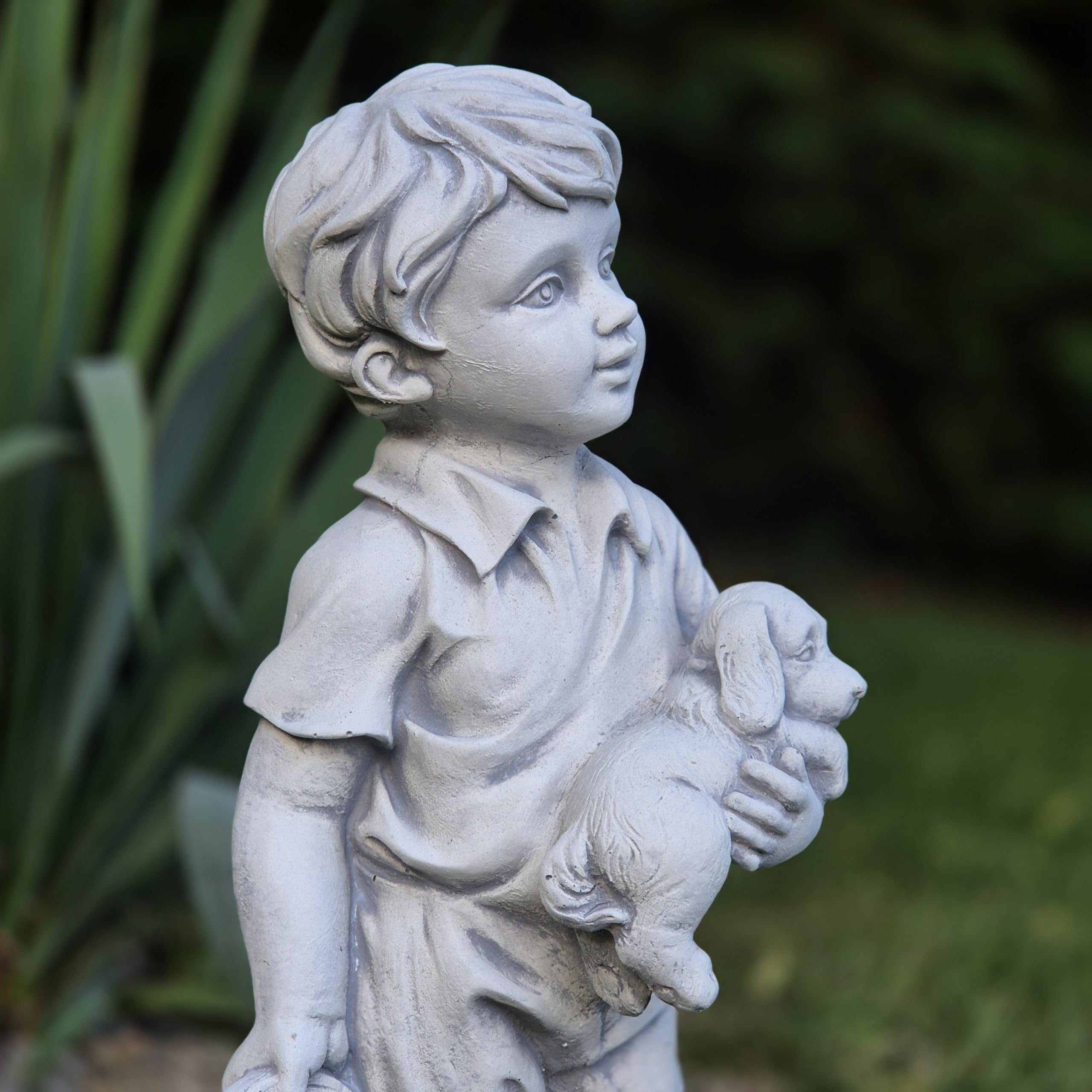 FABRQ Figurine décorative en béton GARÇON avec seau et chien, décoration de jardin, décoration de la maison, fonte de pierre, résistant au gel, résistant aux hautes températures