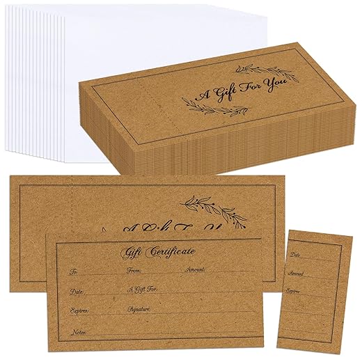 AnyDesign 50 Pack Gift Certificates with 50 Envelopes Rustic Kraft Blank Voucher Coupons with Name and Address for Small Business, 4.7 x 2.4 Inch