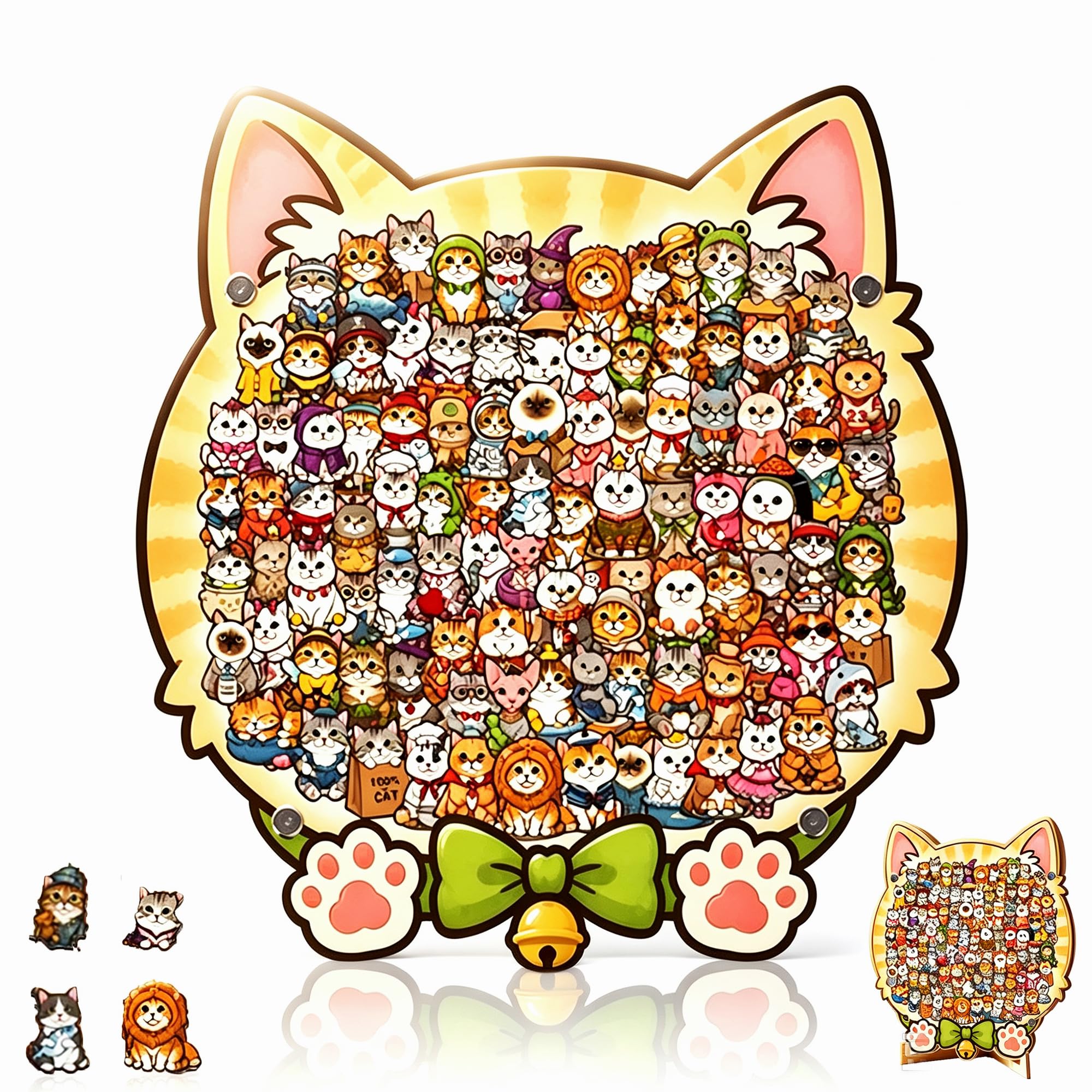 Cat Shaped Wooden Jigsaw Puzzle with Stand, Unique Animal Shape Wood Puzzle, Creative Gifts for Cats Lovers, Home Decorative Display Piece (Bell Cat)