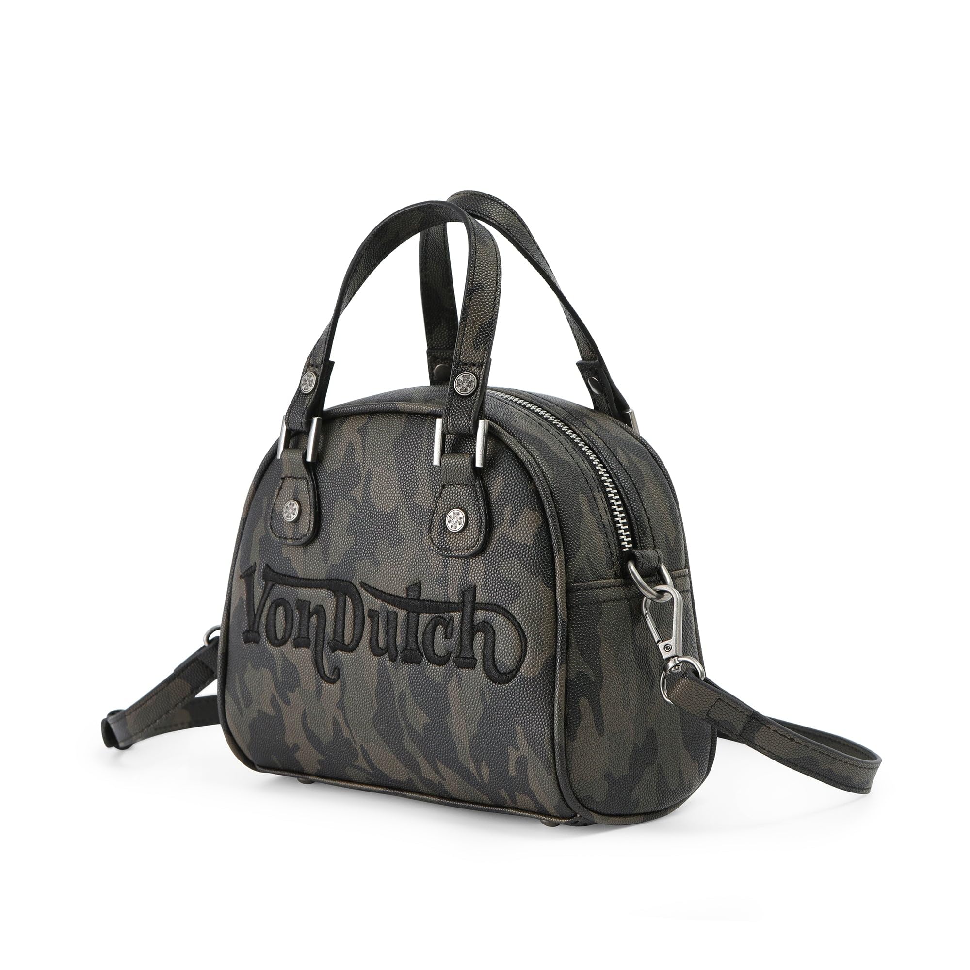 Von Dutch Bowling Bag Purse, Small Bag Crossbody Strap and Top Handles, 8" L x 7" H x 7.5" W, Y2K Purse (Dark Camo Chopper)