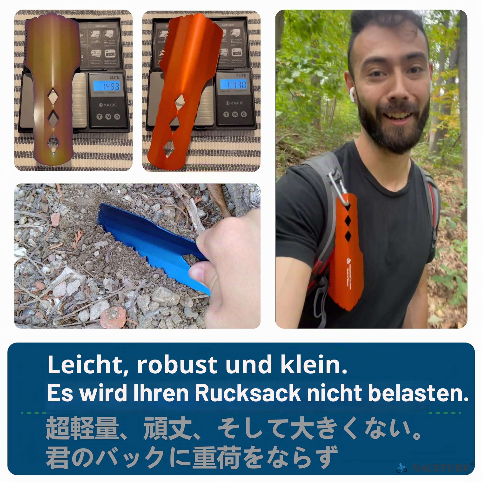 NACETURE Ultraleichte Rucksackkelle aus Aluminium, kleines Töpfchen-Multifunktionswerkzeug mit längerem Griff, unverzichtbar für Wandern, Camping und Überlebensbeutel (orange, 1 Stück)