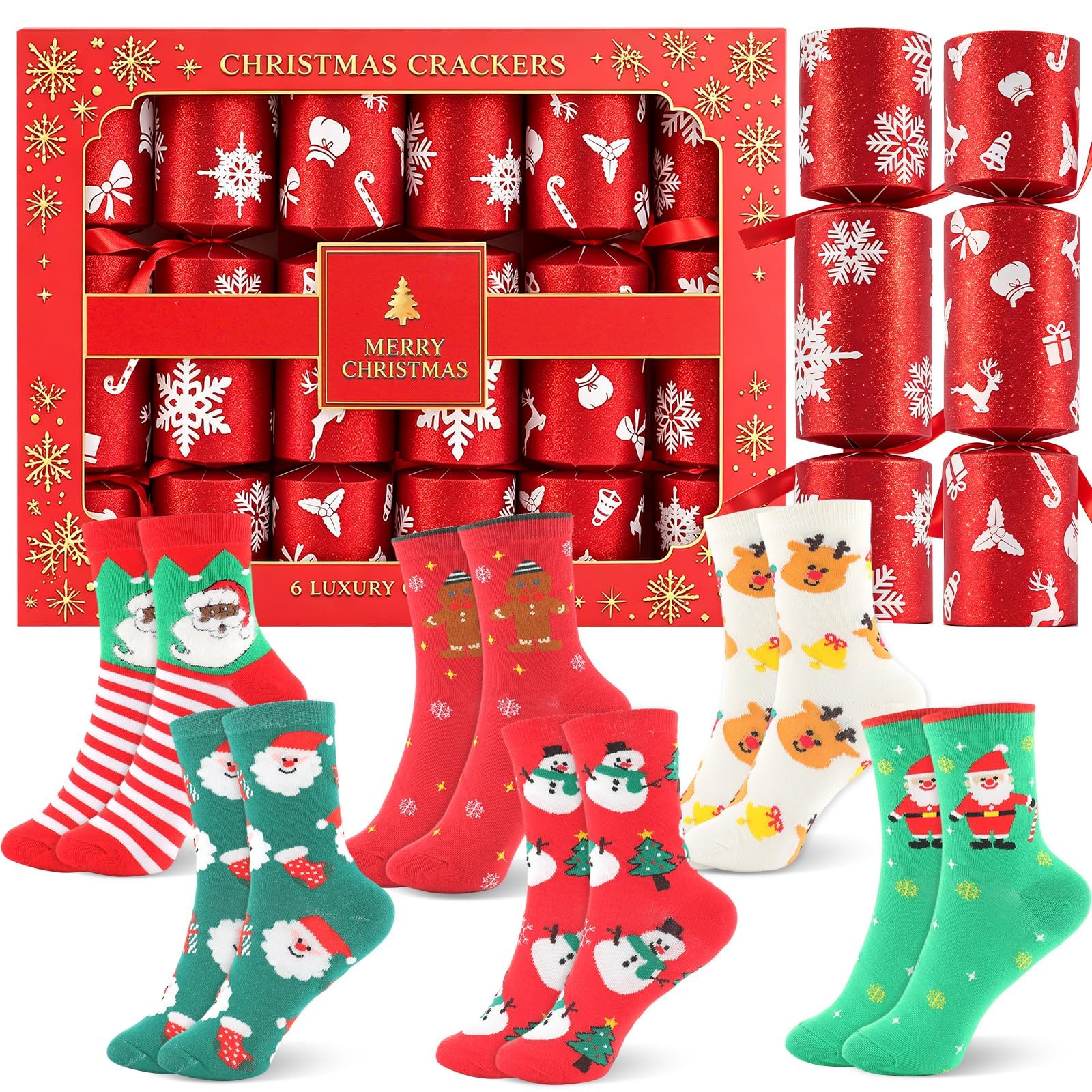 6 Pack Christmas Crackers With Socks, Luxury Xmas Crackers With Gifts