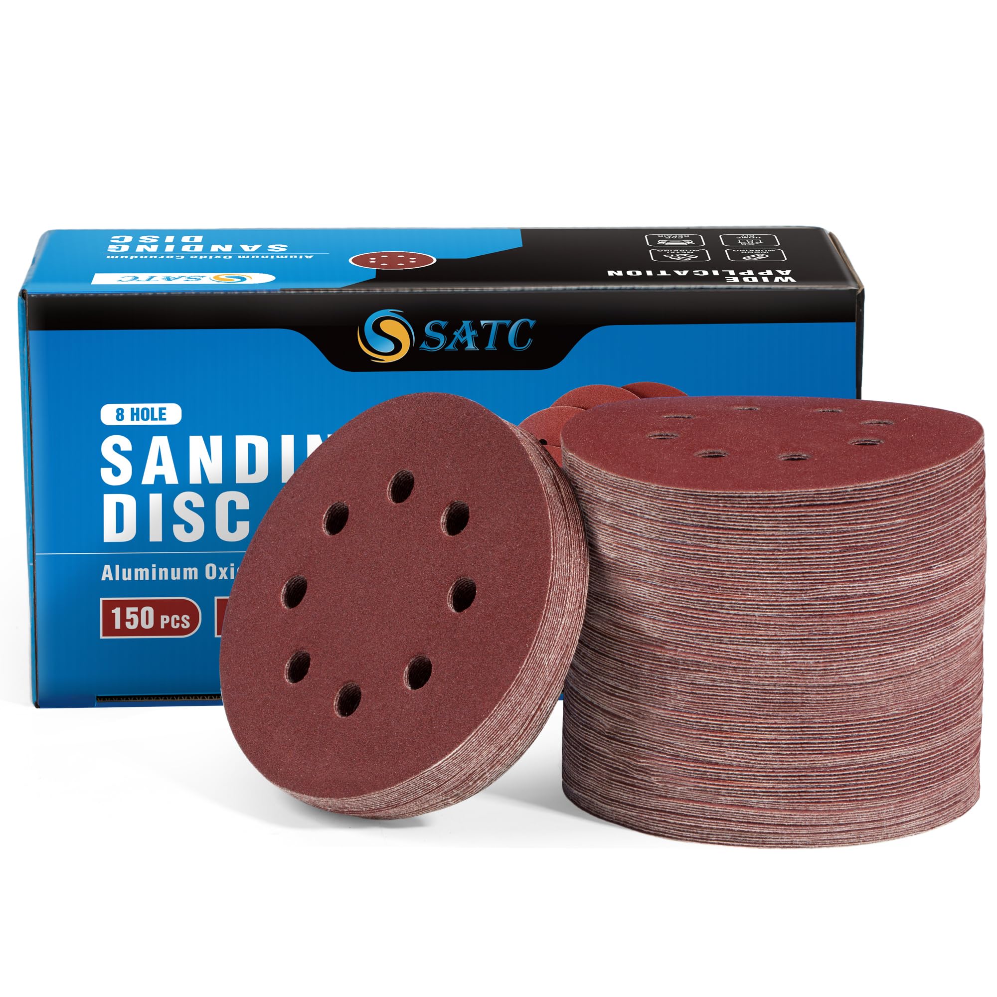 S SATC 150PCS 5 Inch 8 Holes Dustless Hook and Loop Sanding Discs, 240 Grit Sandpaper for Random Orbital Sander