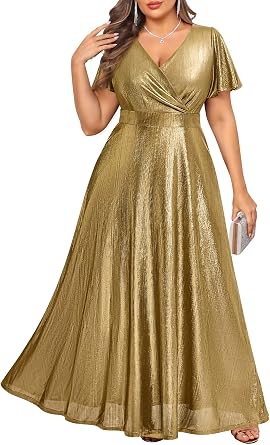 Pinup Fashion Plus Size Formal Evening Gowns Dresses Prom Holiday Dress | Metallic fabric,wrap V-neck,short ruffle sleeves,Christmas New Year holiday party gown