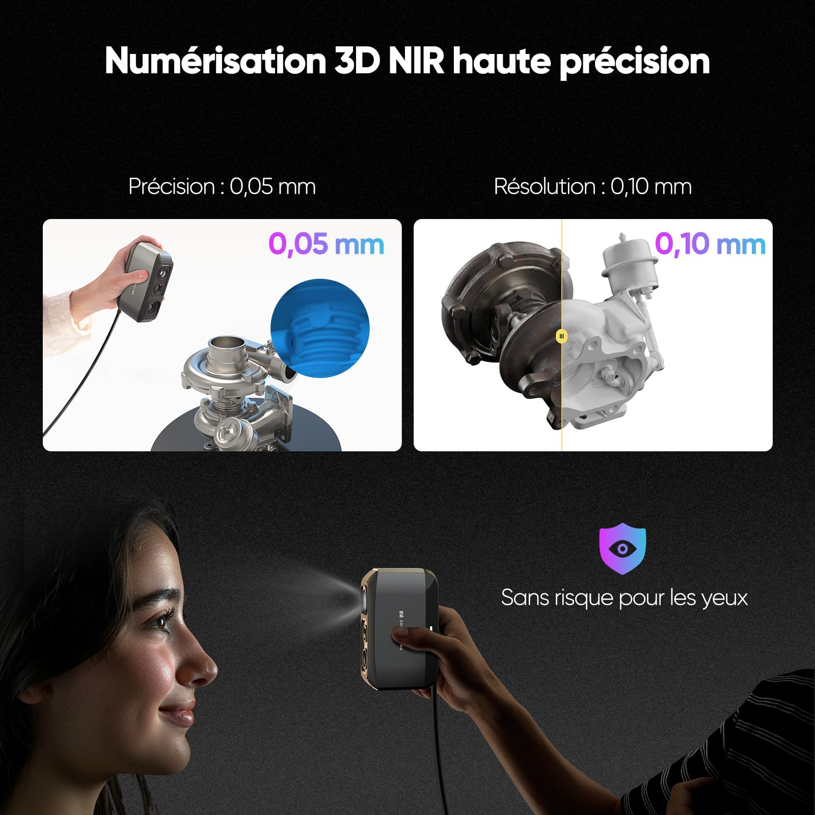 Scanner 3D portable Moose Lite pour imprimante 3D, précision détaillée élevée de 0,05 mm, numérisation haute vitesse à 10 FPS avec lentille anti-vibration, scanner pour modèles 3D - Paquet standard