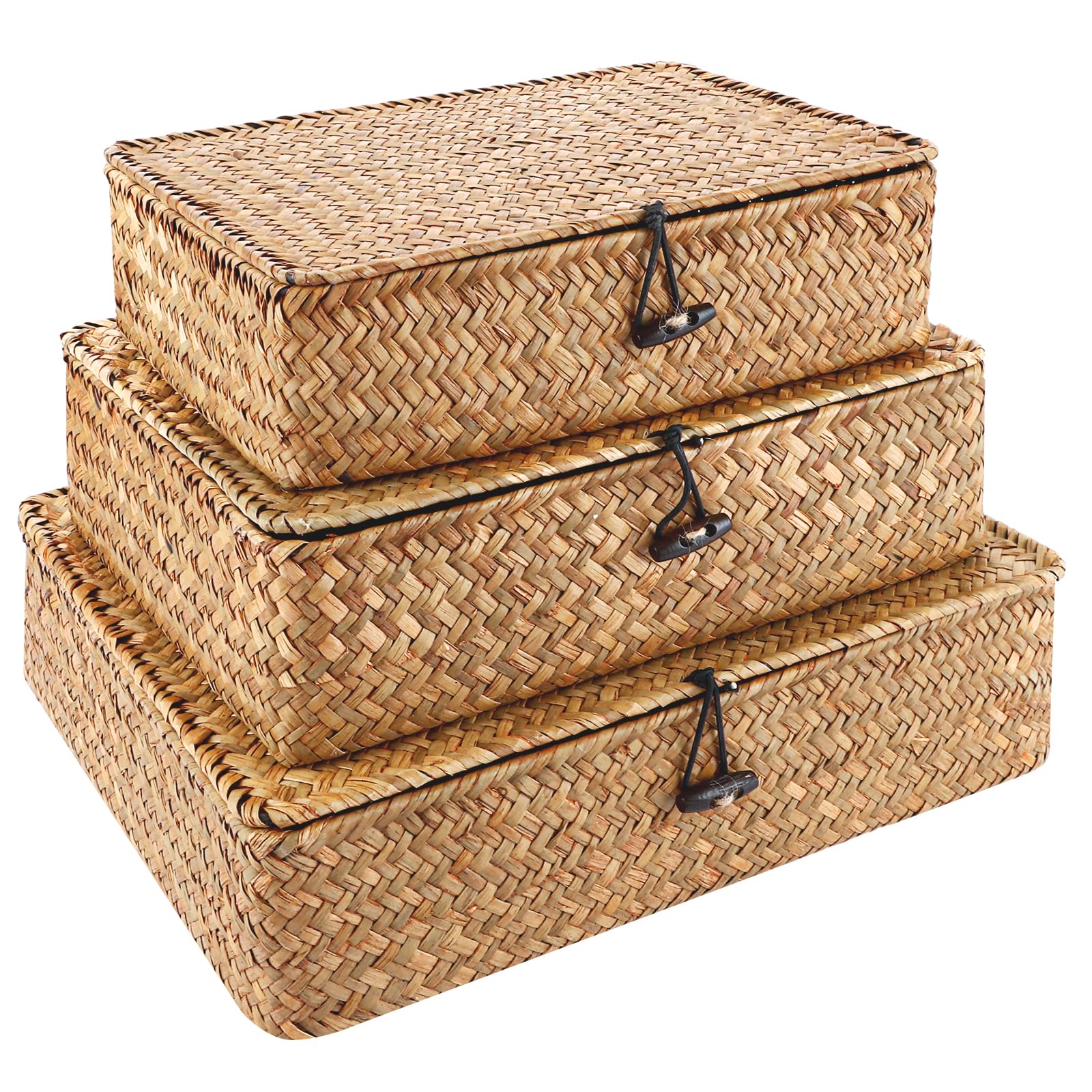 YAYODS Lot de 3 Panier en Algues Naturelles avec Couvercle - Panier de Rangement Tressé en Rotin Rectangulaire - Corbeille de Rangement Empilable pour Salle de Bain, Salon et Cuisine - Design Rustique