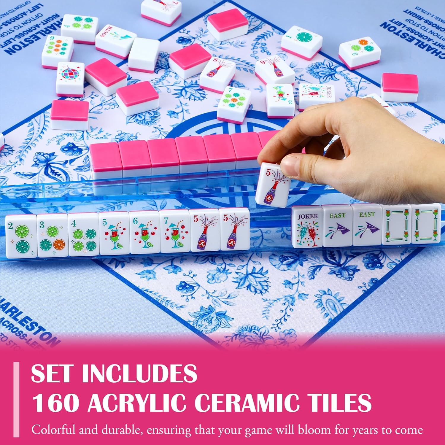 160 Pcs American Mahjong Only, 1.2 x 0.8 Inches Pink Back Melamine Mahjong Tiles, Hand Carved Pattern for Mah Jong Games, Adult Classic Board Games, Beginners, Mah Jong Lovers(Cocktail)