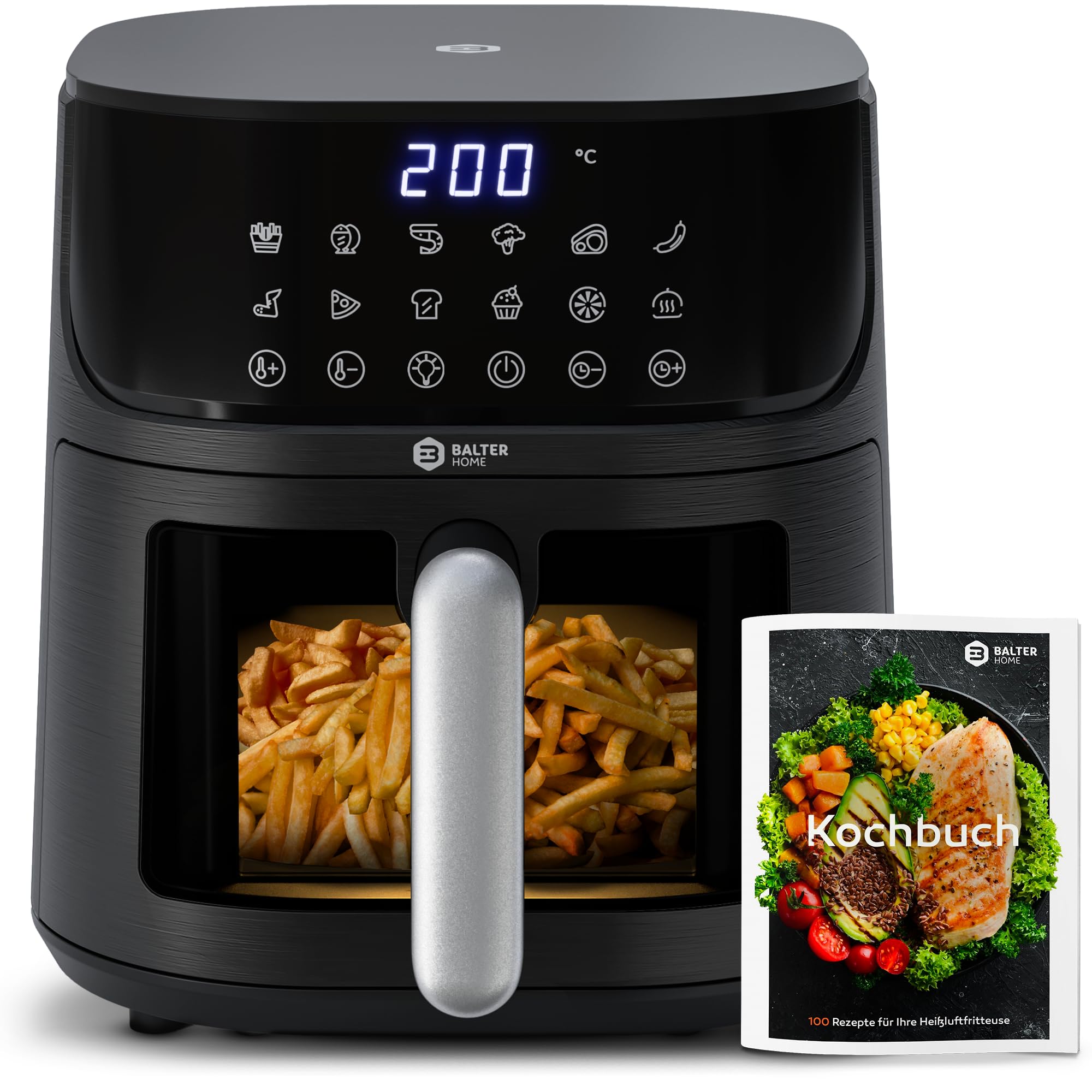 Balter Heißluftfritteuse Airfryer HL-551T, XXL Friteuse mit Sichtfenster, 12 Programme, inkl. 100 Rezepte