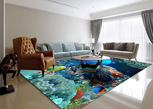 Miniatura 2 de Alfombra antideslizante con estampado de peces de tortuga azul, 5 x 7 pies, diseño de mundo submarino 3D, para sala de estar, dormitorio, guardería,
