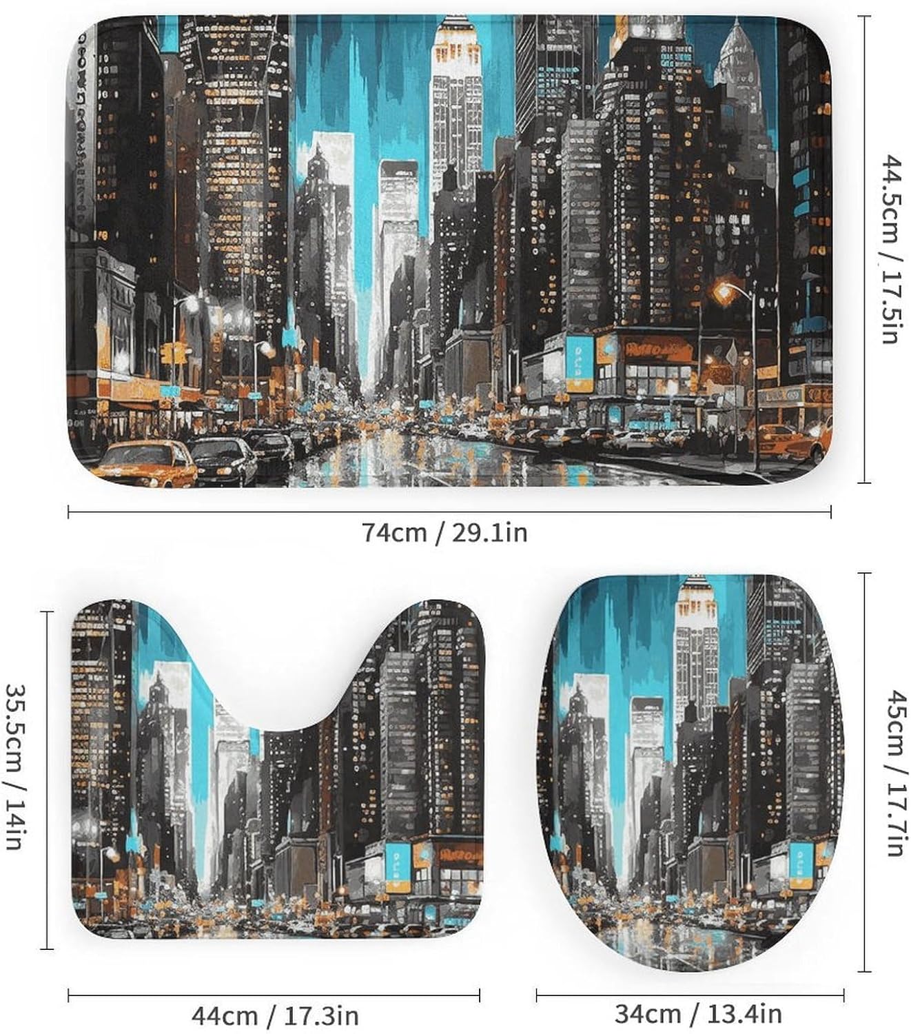 New York Paintings Shower Curtain Set 4 Piece, Non-Slip Bath Mat with Toilet Lid Cover and Waterproof Shower Curtain with 12 Hooks, Complete Bathroom Set for Home Decor
