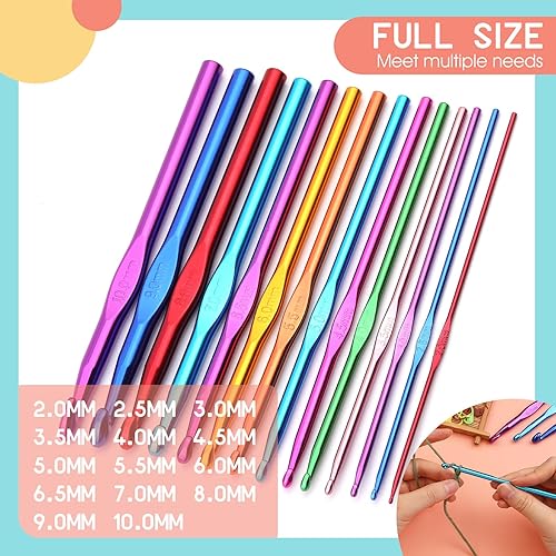 Miniatura 6 de BAGERLA Ganchos de ganchillo de 14 tamaños (0.08-0.039 pulgadas), juego de ganchos ergonómicos de aluminio multicolor con aguja de hilo de ojo